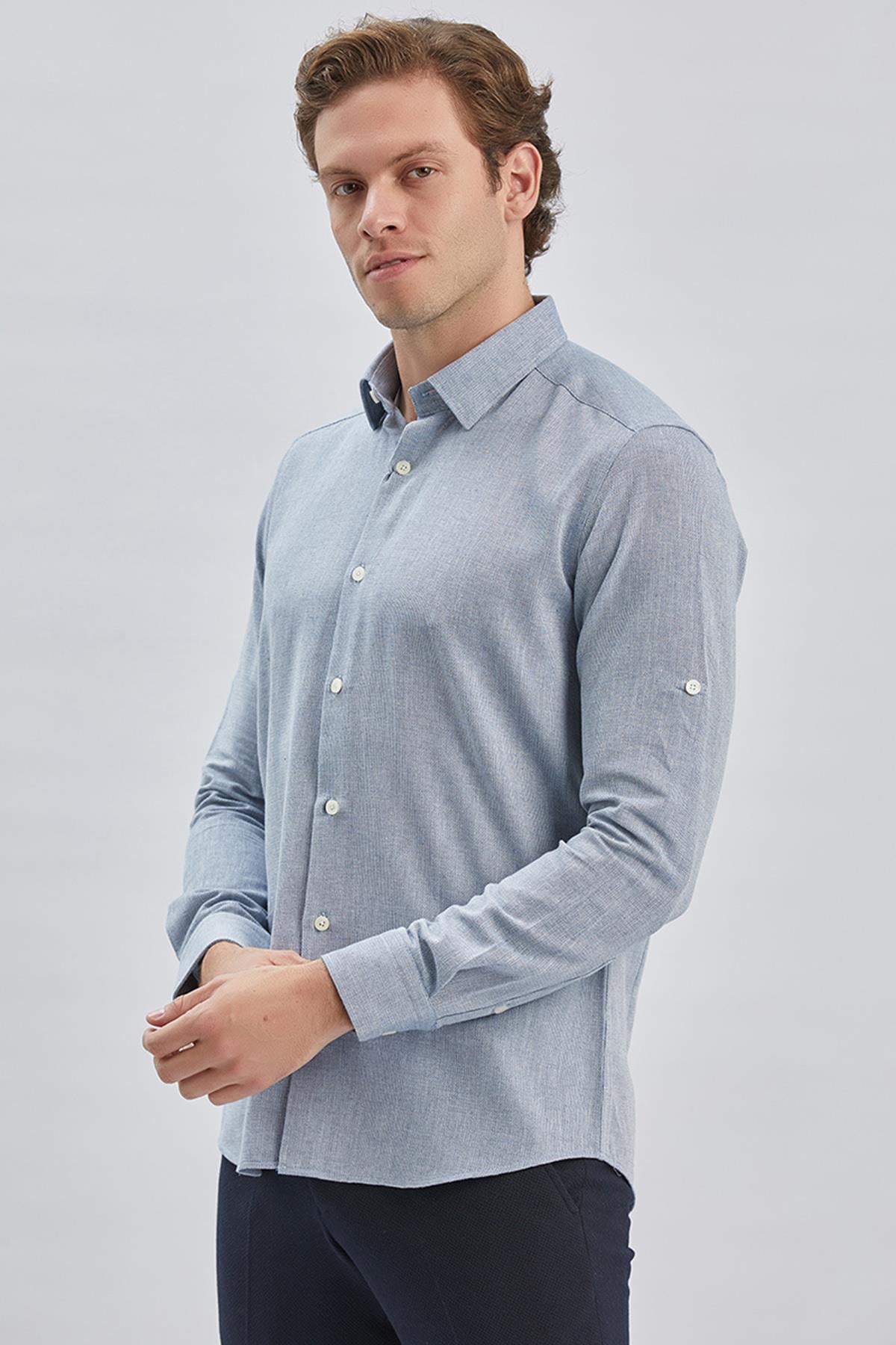 Mavi Uzun Kol Kendinden Desenli Armürlü Yarım İtalyan Yaka Classic Slim Fit Gömlek 1004240250
