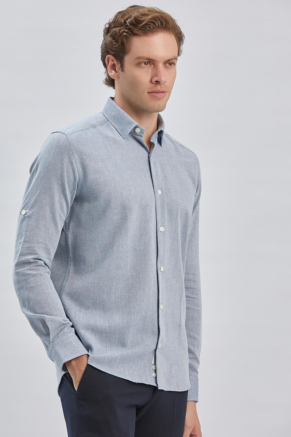 Mavi Uzun Kol Kendinden Desenli Armürlü Yarım İtalyan Yaka Classic Slim Fit Gömlek 1004240250