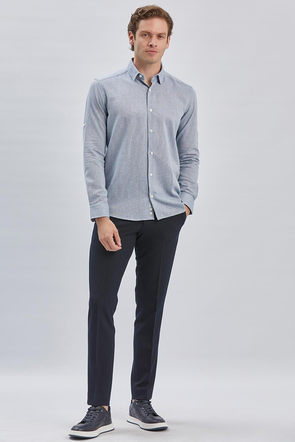 Mavi Uzun Kol Kendinden Desenli Armürlü Yarım İtalyan Yaka Classic Slim Fit Gömlek 1004240250