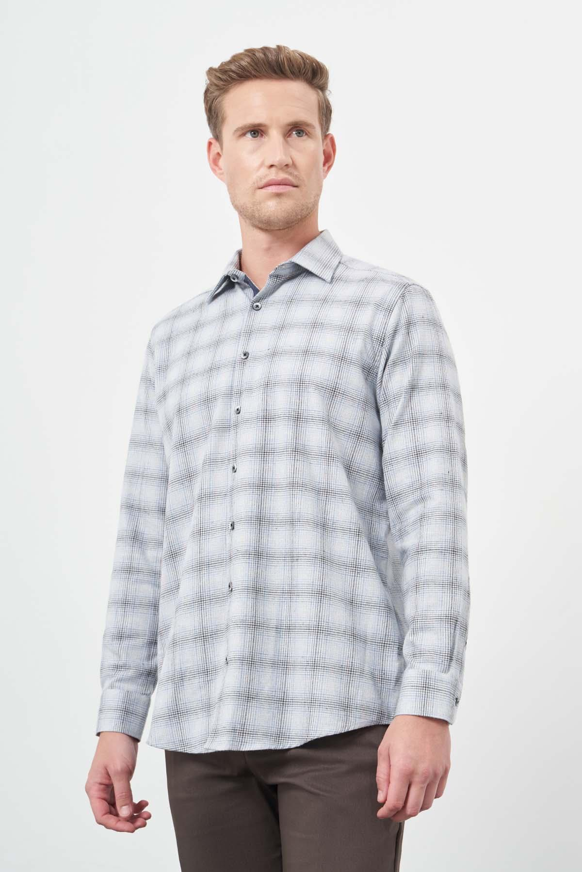 Mavi Uzun Kol Ekose Desen Gabardin Cepsiz Pamuklu Classic Comfort Fit Gömlek 1004245165