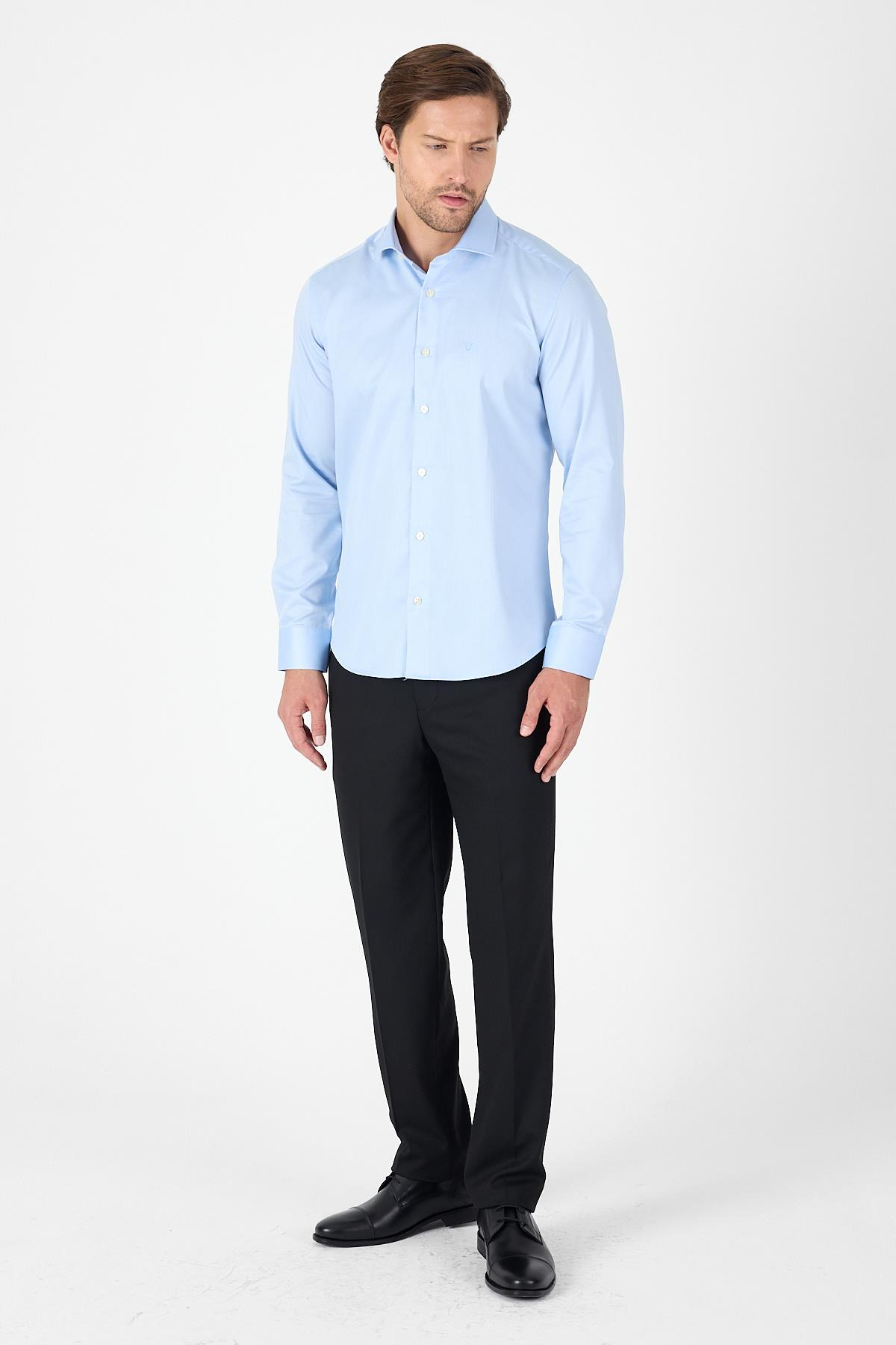 Mavi Uzun Kol Yarım İtalyan Yaka Kolay Ütü Slim Fit Pamuklu Gömlek 1004250267