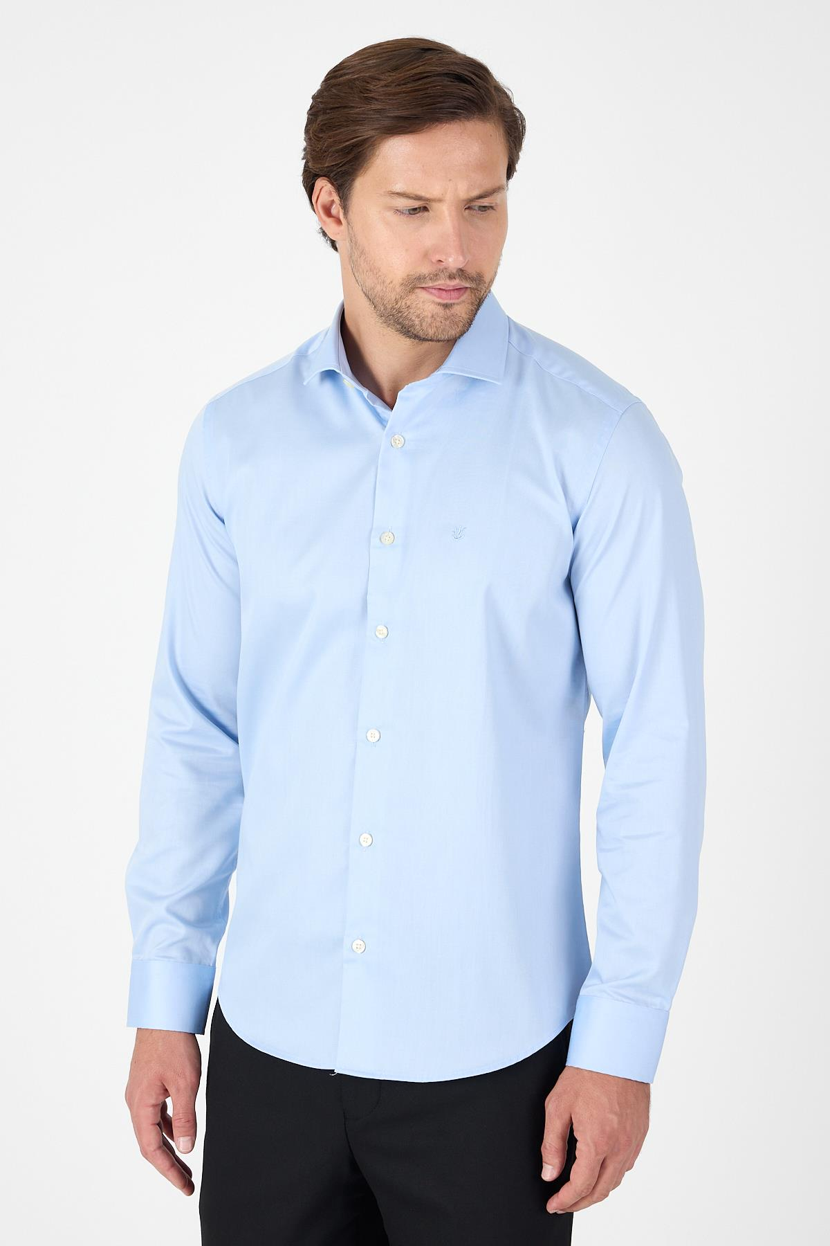Mavi Uzun Kol Yarım İtalyan Yaka Kolay Ütü Slim Fit Pamuklu Gömlek 1004250267