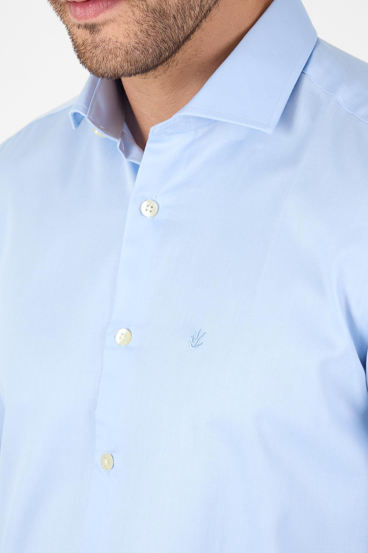 Mavi Uzun Kol Yarım İtalyan Yaka Kolay Ütü Slim Fit Pamuklu Gömlek 1004250267