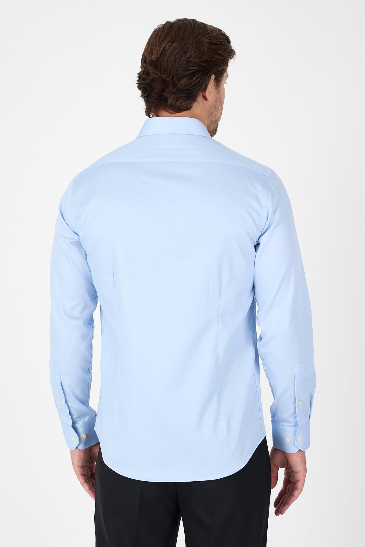 Mavi Uzun Kol Yarım İtalyan Yaka Kolay Ütü Slim Fit Pamuklu Gömlek 1004250267