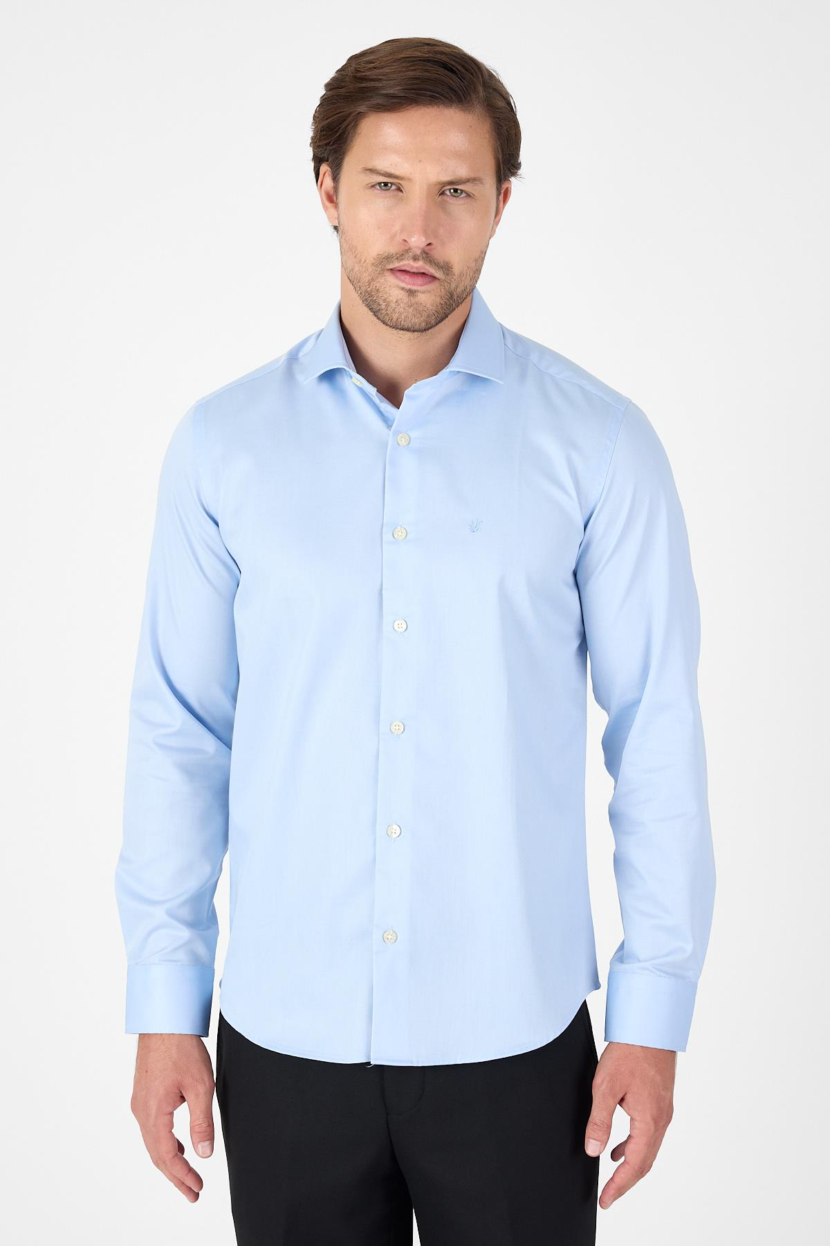 Mavi Uzun Kol Yarım İtalyan Yaka Kolay Ütü Slim Fit Pamuklu Gömlek 1004250267