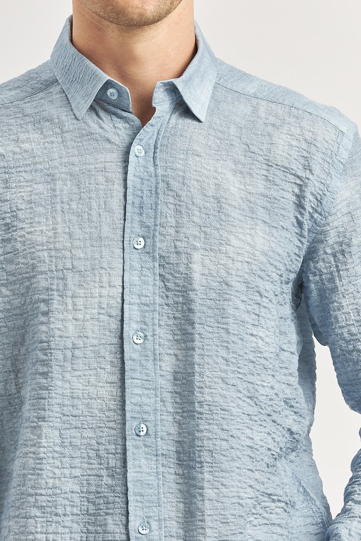 Mavi Uzun Kollu Baskılı Gofreli Cepsiz Pamuklu Likralı Slim Fit Gömlek 1004240100