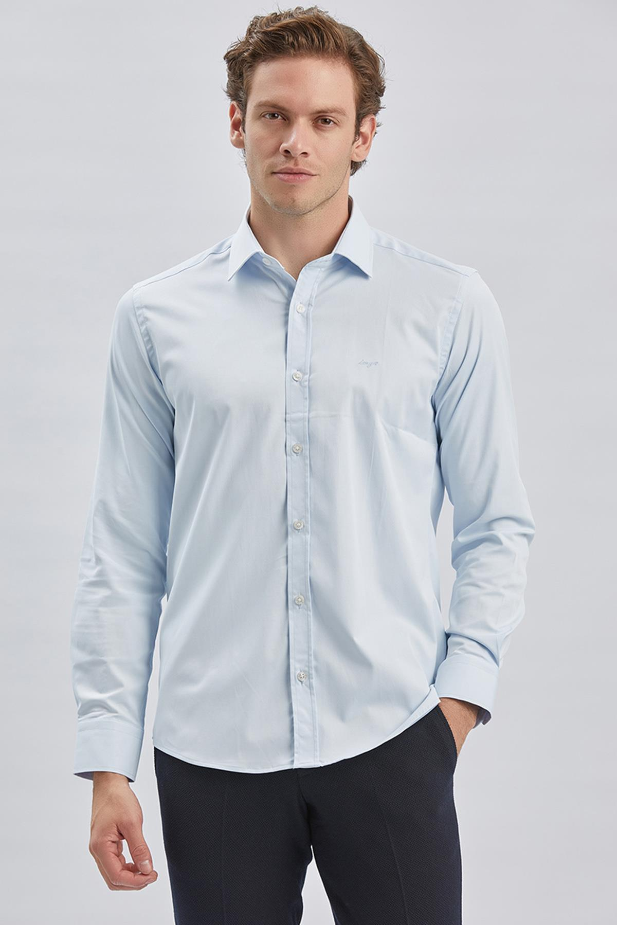 Mavi Uzun Kollu Cepsiz Pamuklu Likralı Klasik Slim Fit Gömlek 1004240234