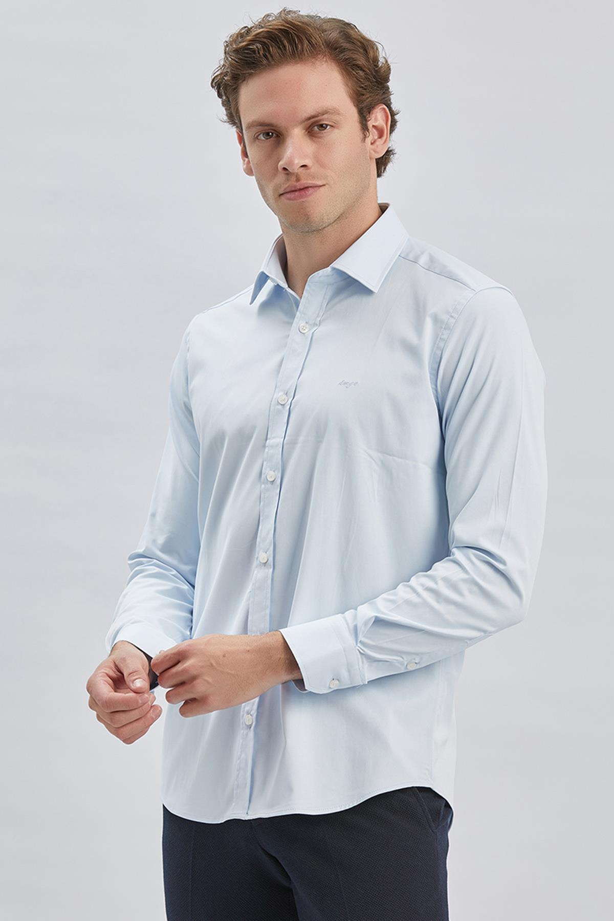 Mavi Uzun Kollu Cepsiz Pamuklu Likralı Klasik Slim Fit Gömlek 1004240234