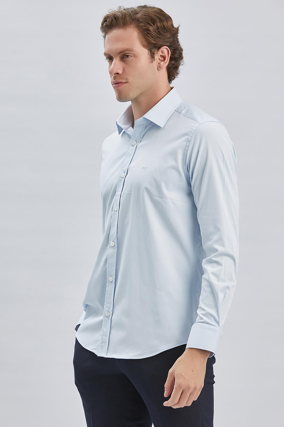 Mavi Uzun Kollu Cepsiz Pamuklu Likralı Klasik Slim Fit Gömlek 1004240234