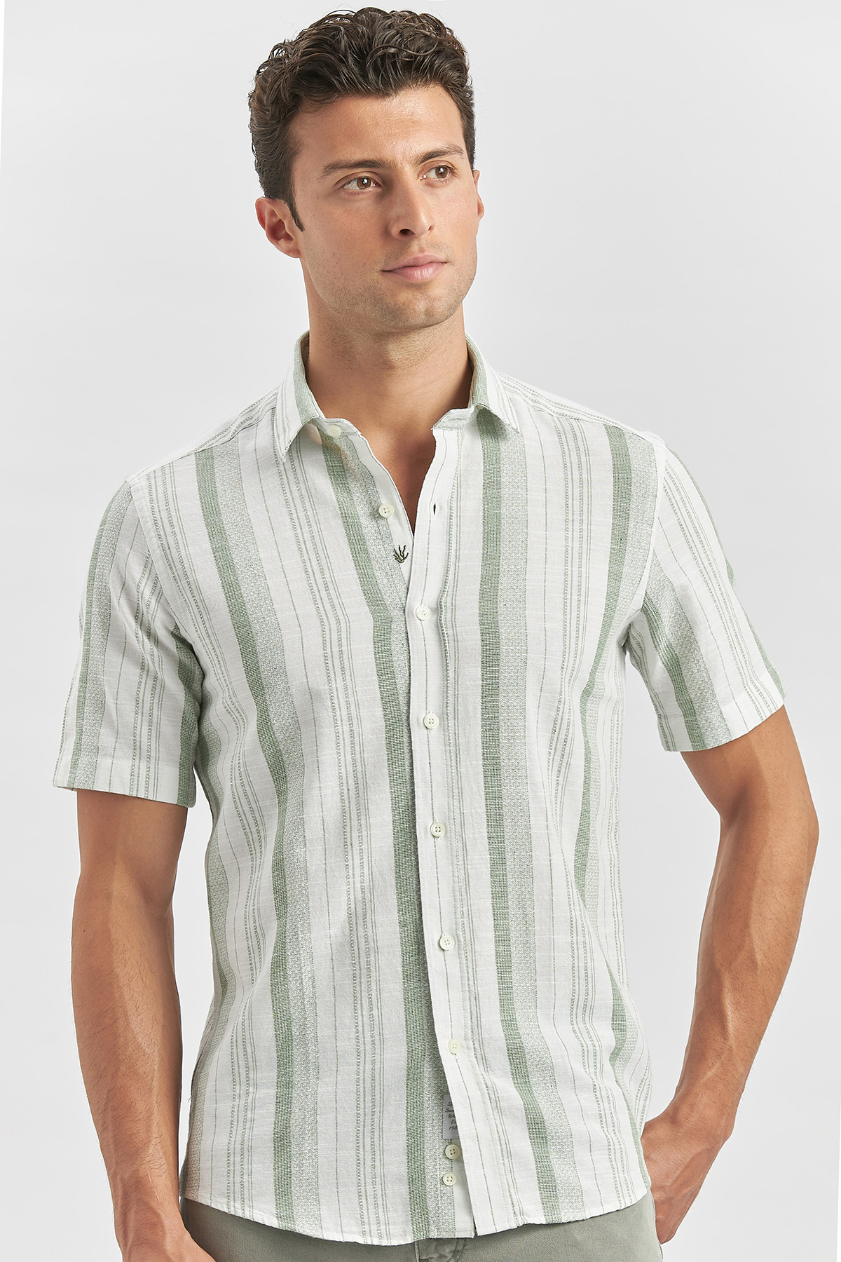 Yeşil Kısa Kollu Çizgili Armürlü Pamuklu Casual Slim Fit Dar Kesim Gömlek 1004240243