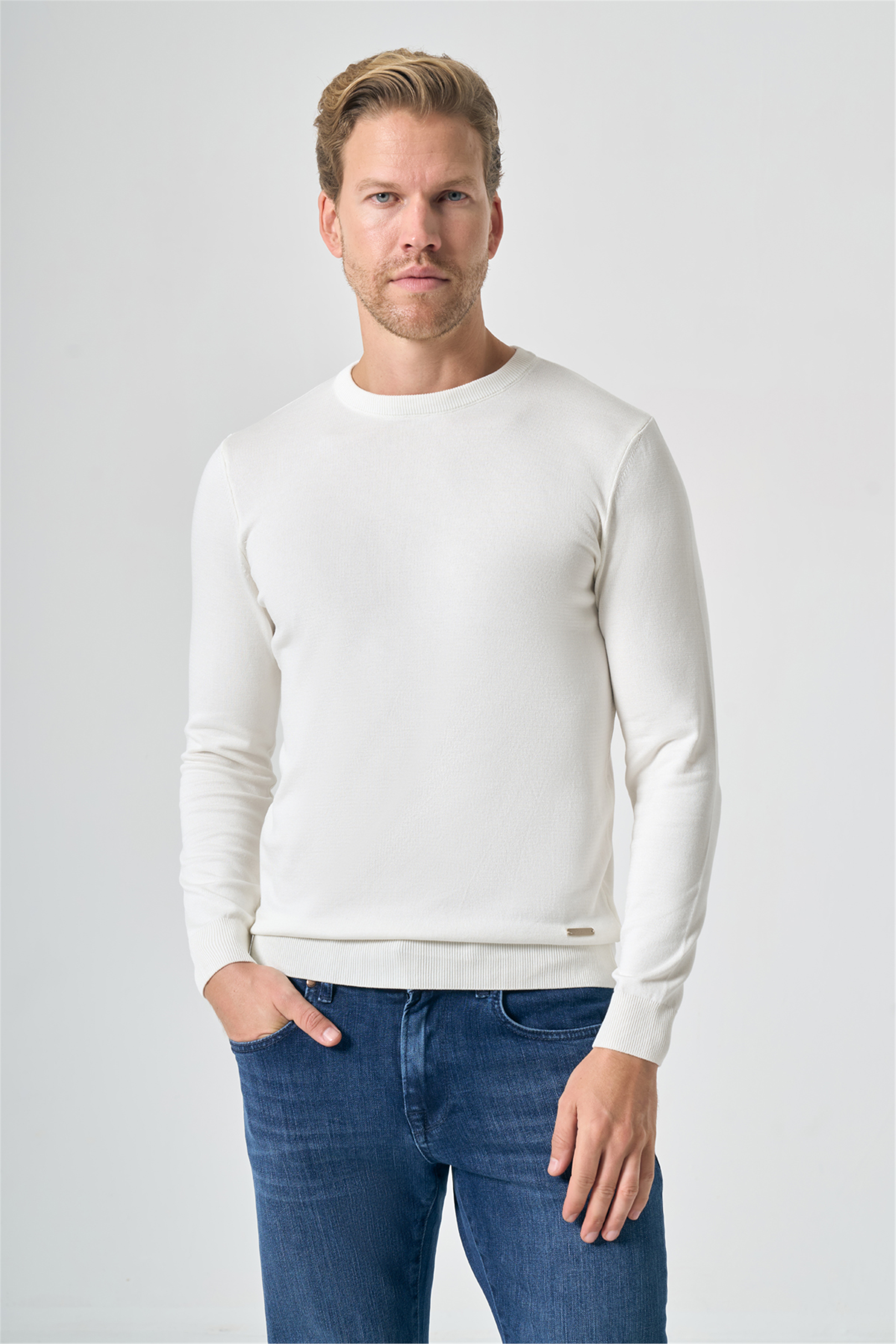 Krem Rengi Bisiklet Yaka Örme Standart Fit Esnek Triko 1012265171