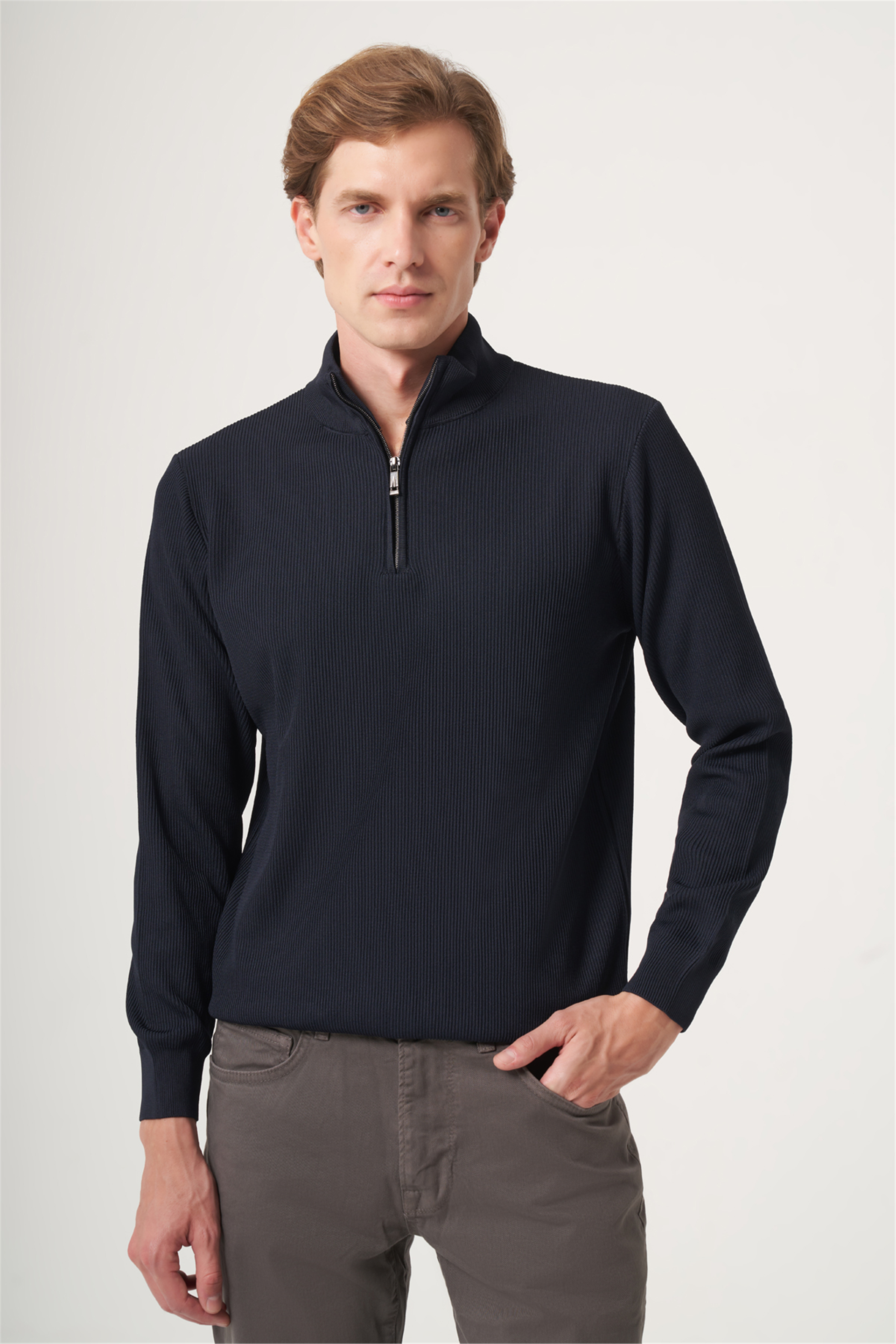 Lacivert Dik Yaka Uzun Kol Örme Comfort Fit Pamuklu Kazak 1012265158