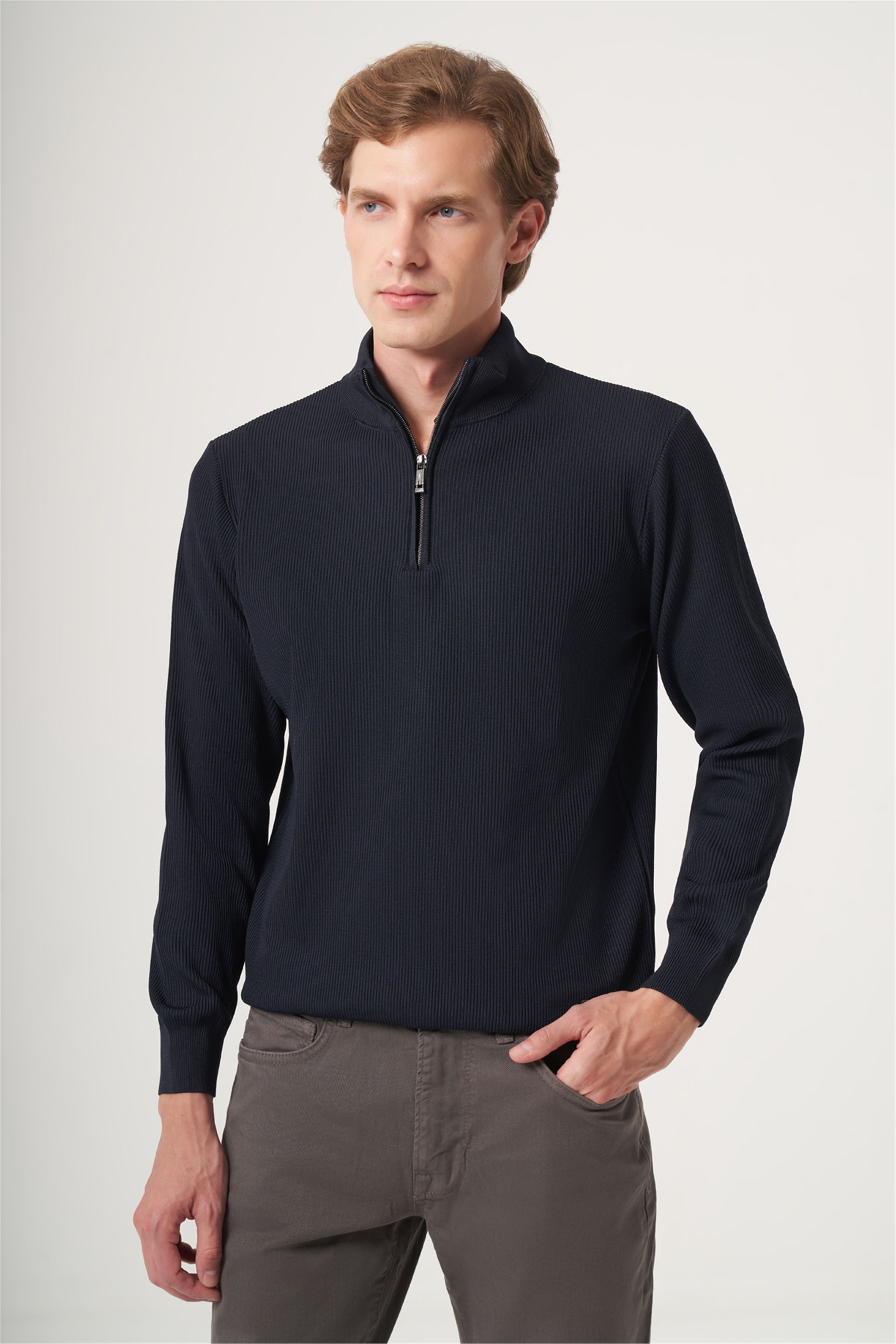 Lacivert Dik Yaka Uzun Kol Örme Comfort Fit Pamuklu Kazak 1012265158