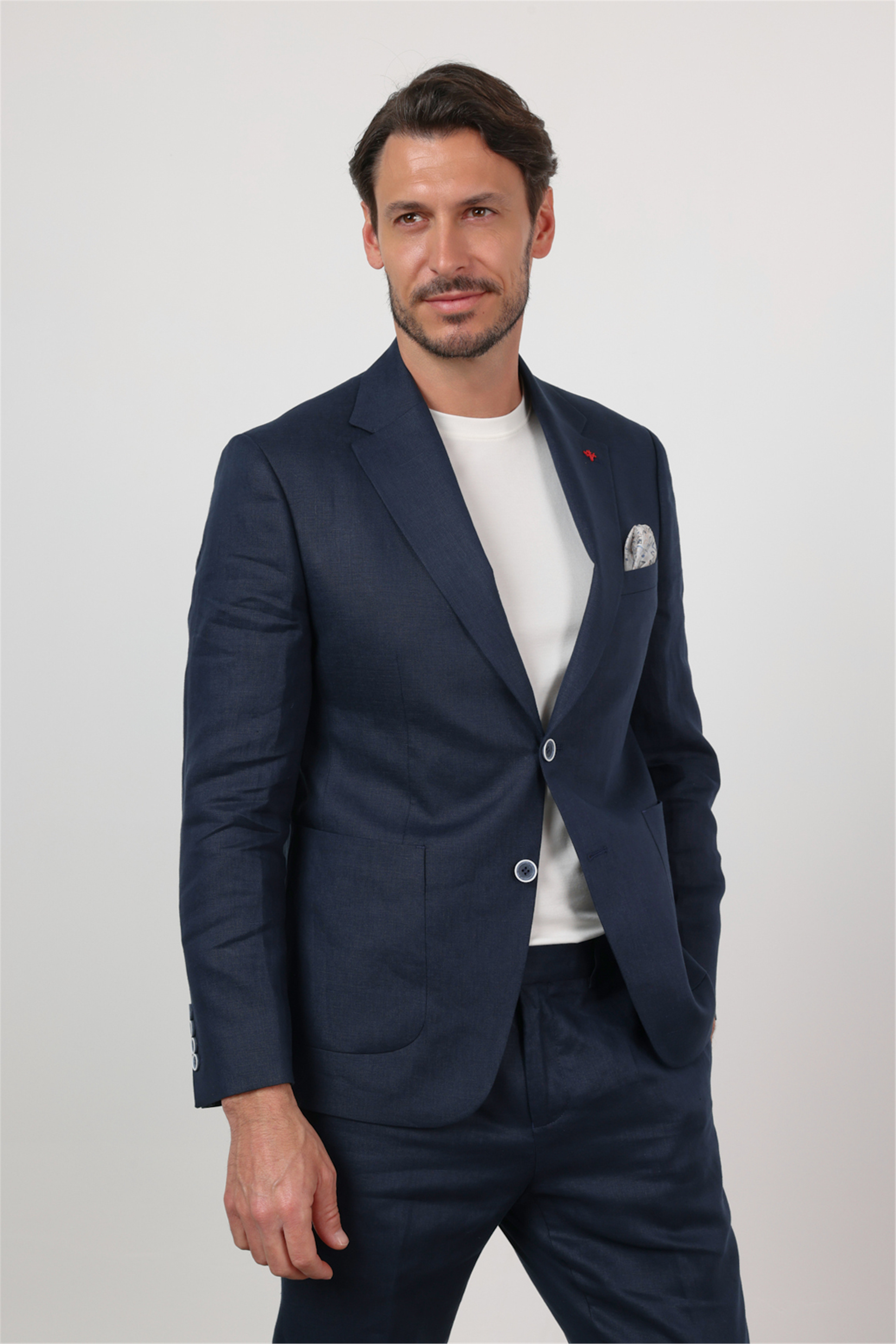 Lacivert Mono Yaka Keten 6 Drop Slim Fit Yarım Astar %100 Keten Takım Elbise 1001260164