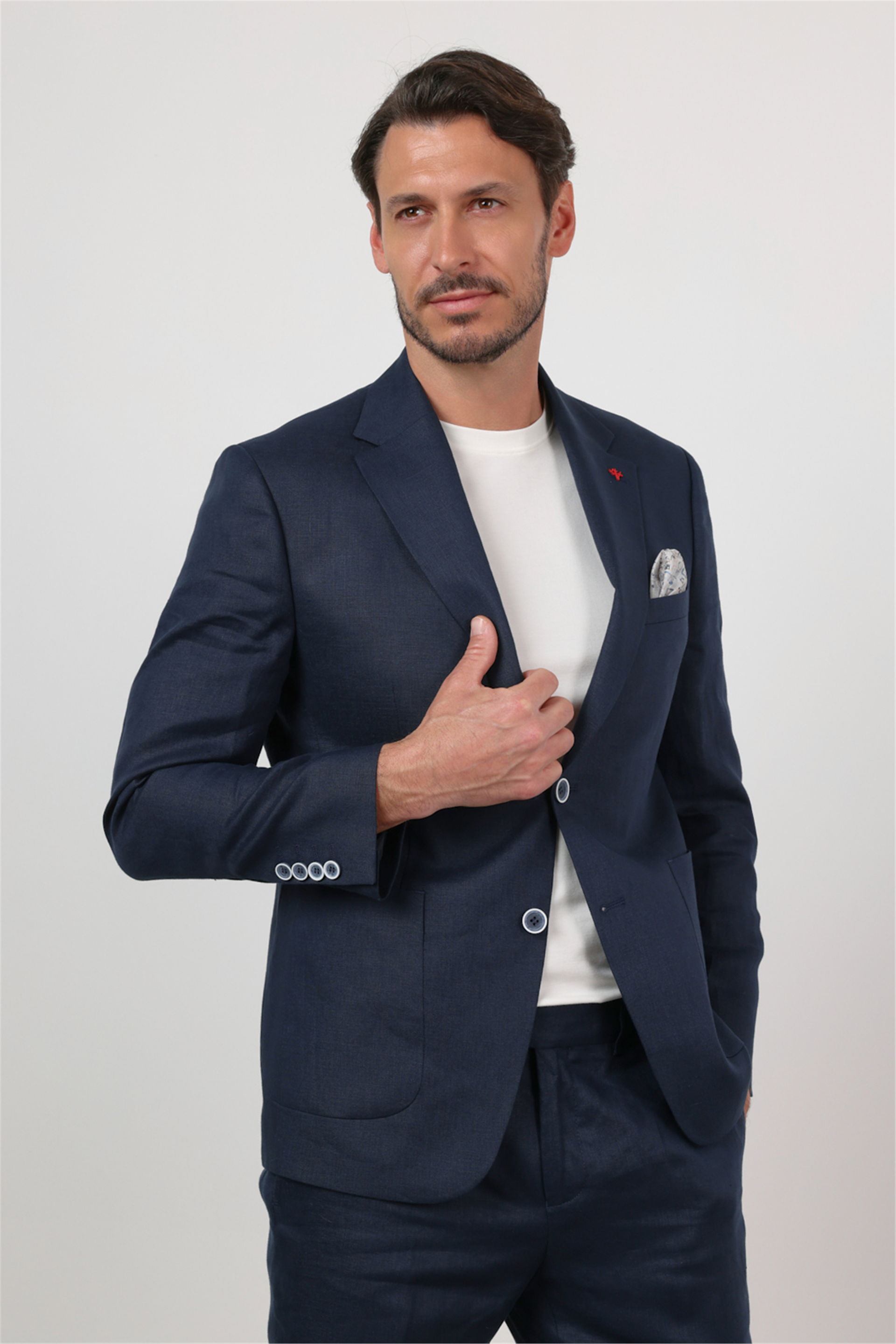 Lacivert Mono Yaka Keten 6 Drop Slim Fit Yarım Astar %100 Keten Takım Elbise 1001260164