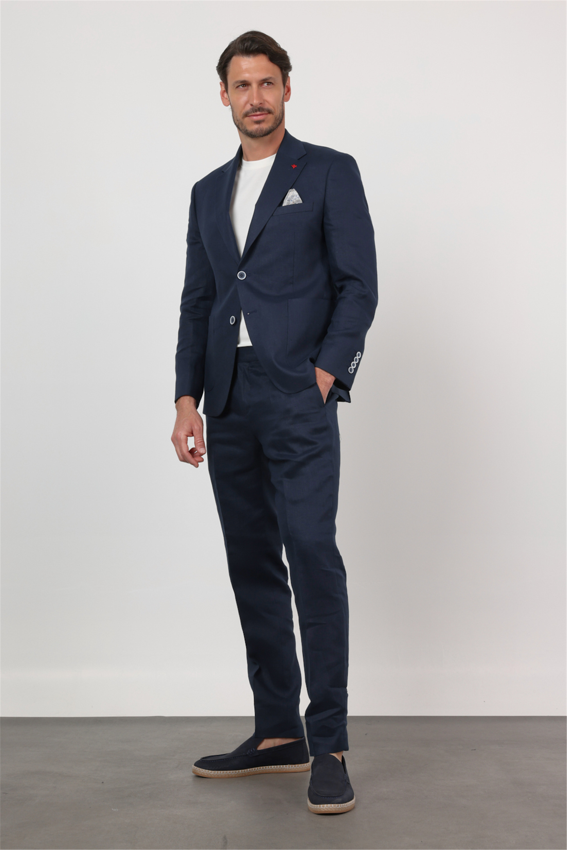 Lacivert Mono Yaka Keten 6 Drop Slim Fit Yarım Astar %100 Keten Takım Elbise 1001260164