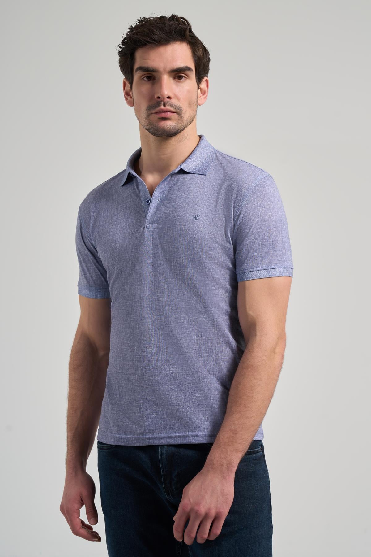 Lacivert Kısa Kol Baskılı Pike Polo Yaka Cepsiz esnek Casual Slim Fit Tişört 1011250151
