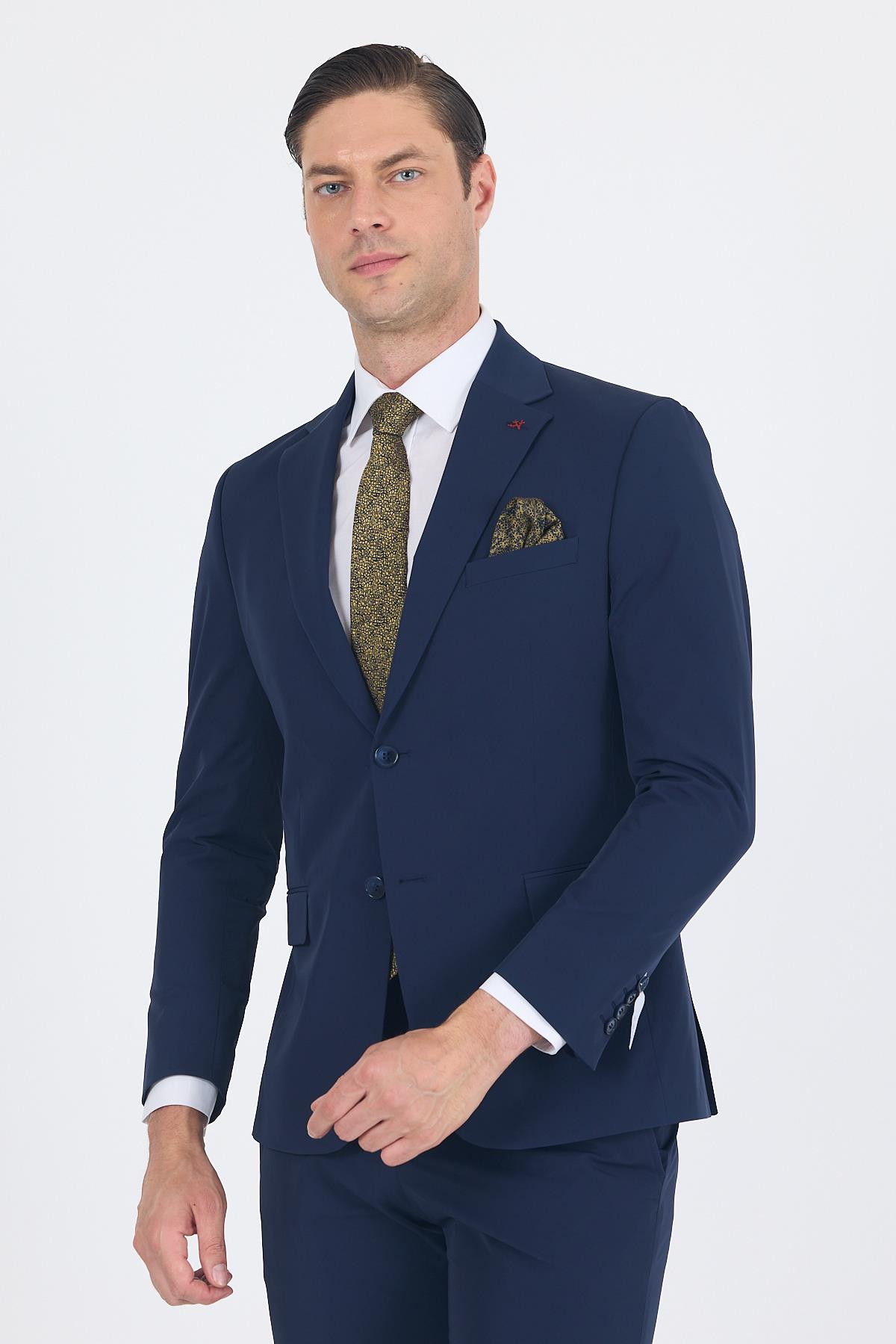 Lacivert Mono Yaka Örme Beli Lastikli 6 Drop Slim Fit Yarım Astar Esnek Takım Elbise 1001250121
