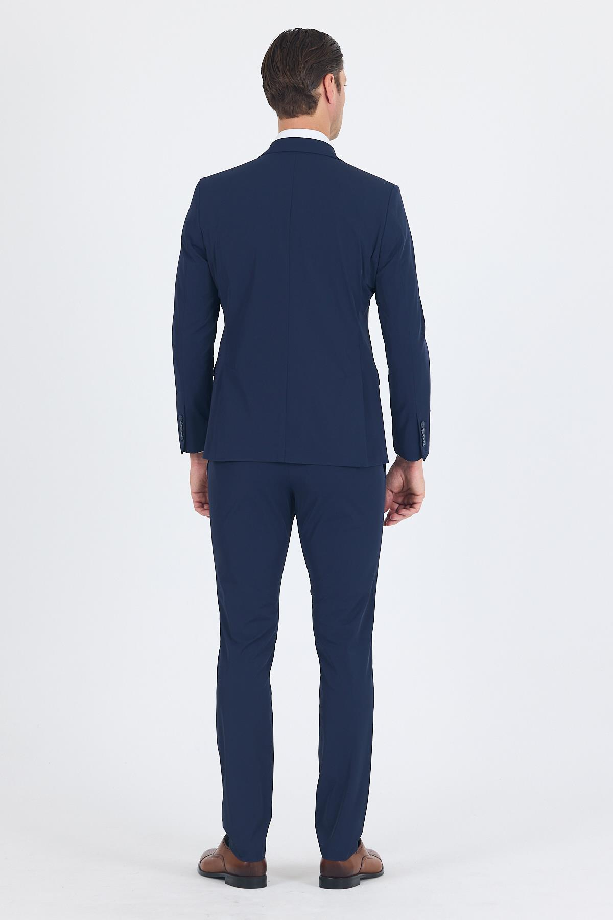 Lacivert Mono Yaka Örme Beli Lastikli 6 Drop Slim Fit Yarım Astar Esnek Takım Elbise 1001250121