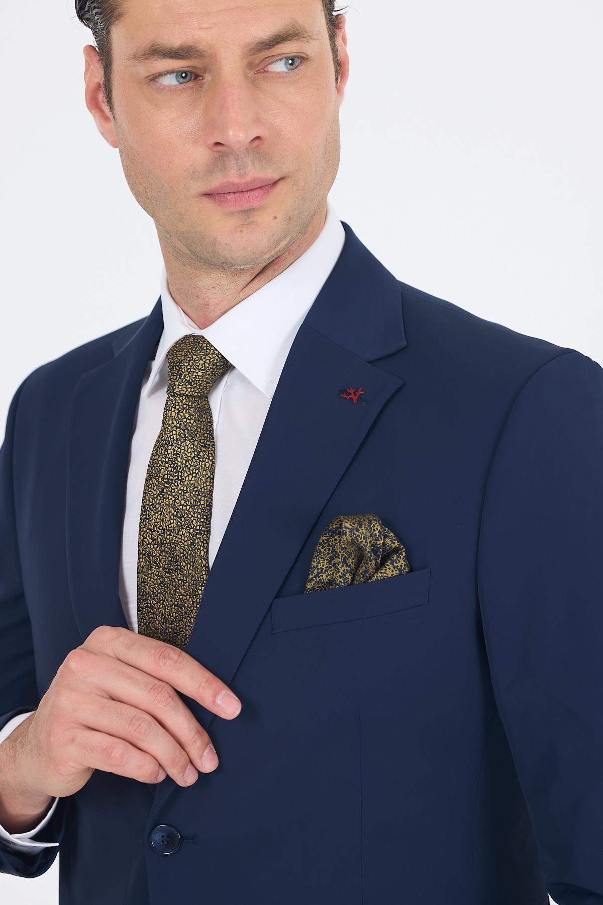 Lacivert Mono Yaka Örme Beli Lastikli 6 Drop Slim Fit Yarım Astar Esnek Takım Elbise 1001250121