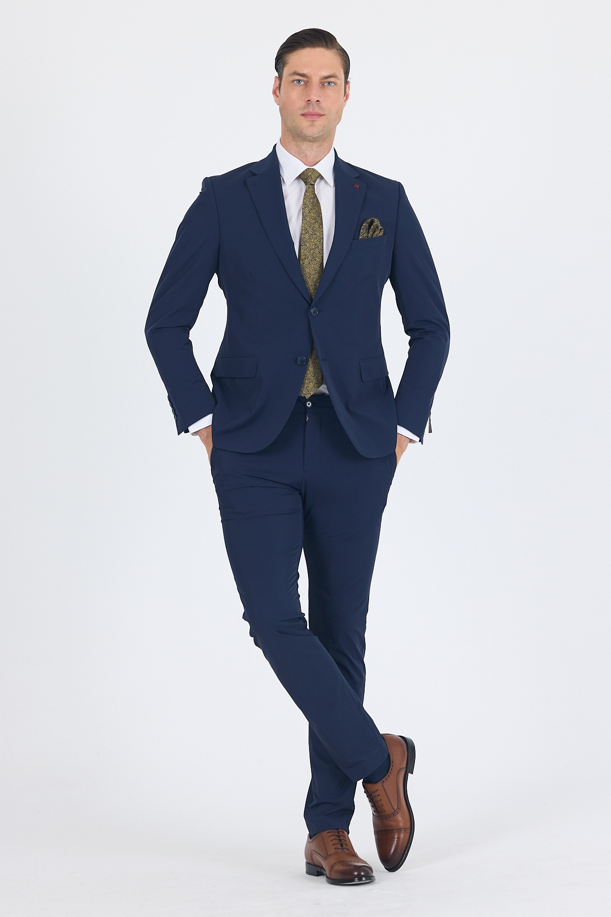Lacivert Mono Yaka Örme Beli Lastikli 6 Drop Slim Fit Yarım Astar Esnek Takım Elbise 1001250121