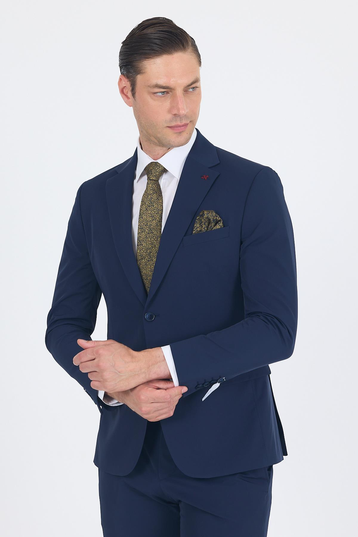 Lacivert Mono Yaka Örme Beli Lastikli 6 Drop Slim Fit Yarım Astar Esnek Takım Elbise 1001250121
