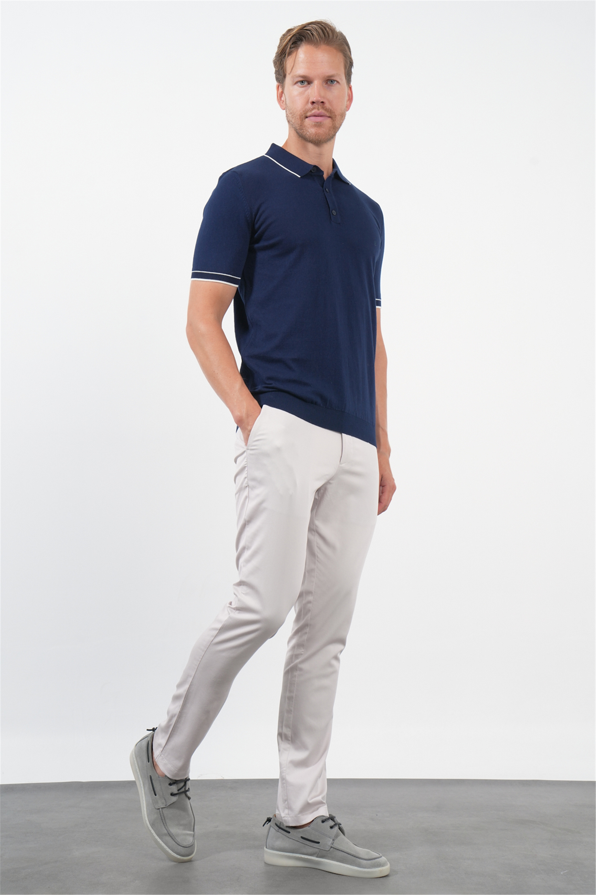 Lacivert Polo Yaka Kısa Kol Örme Comfort Fit %100 Pamuk Kazak 1012260151