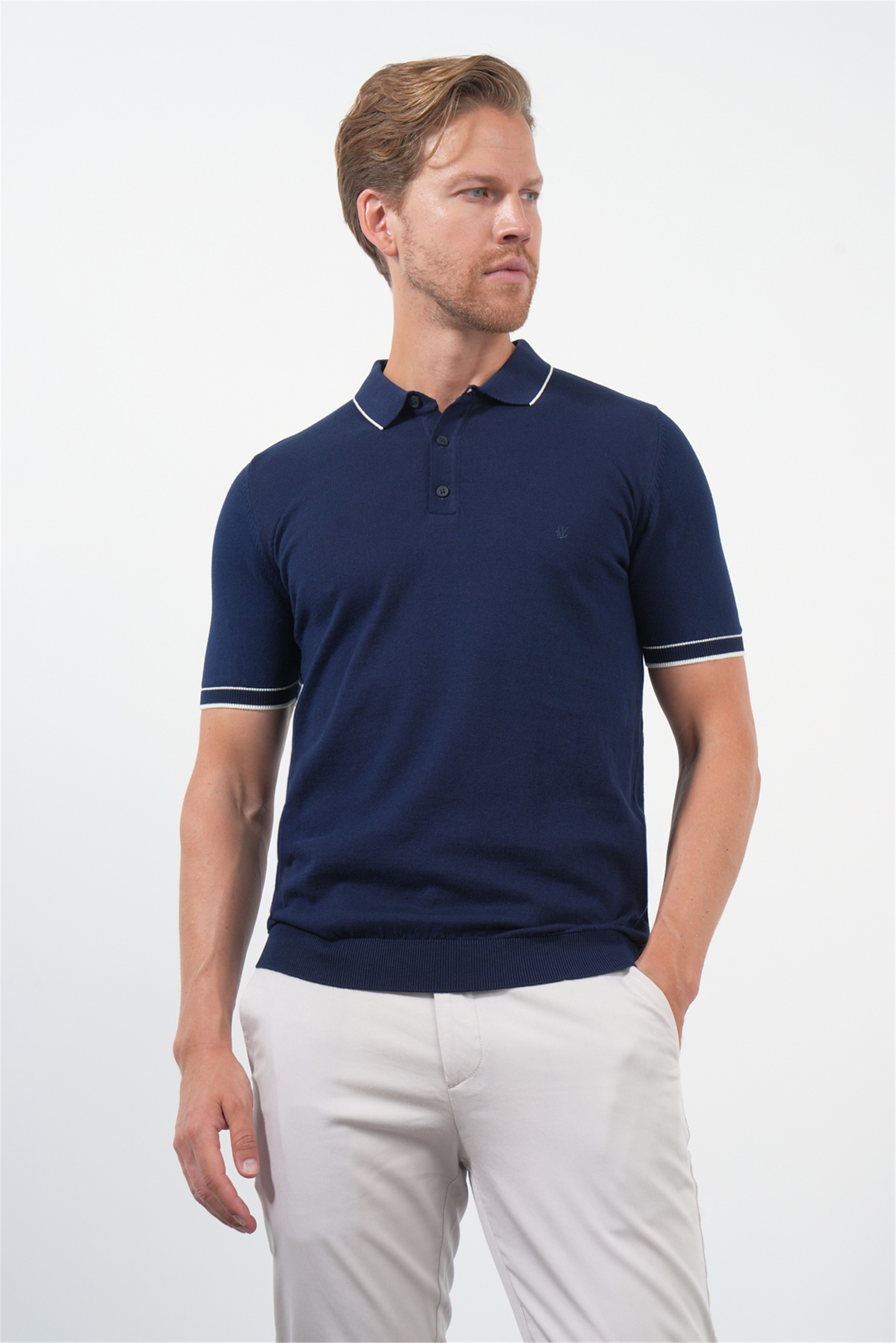Lacivert Polo Yaka Kısa Kol Örme Comfort Fit %100 Pamuk Kazak 1012260151
