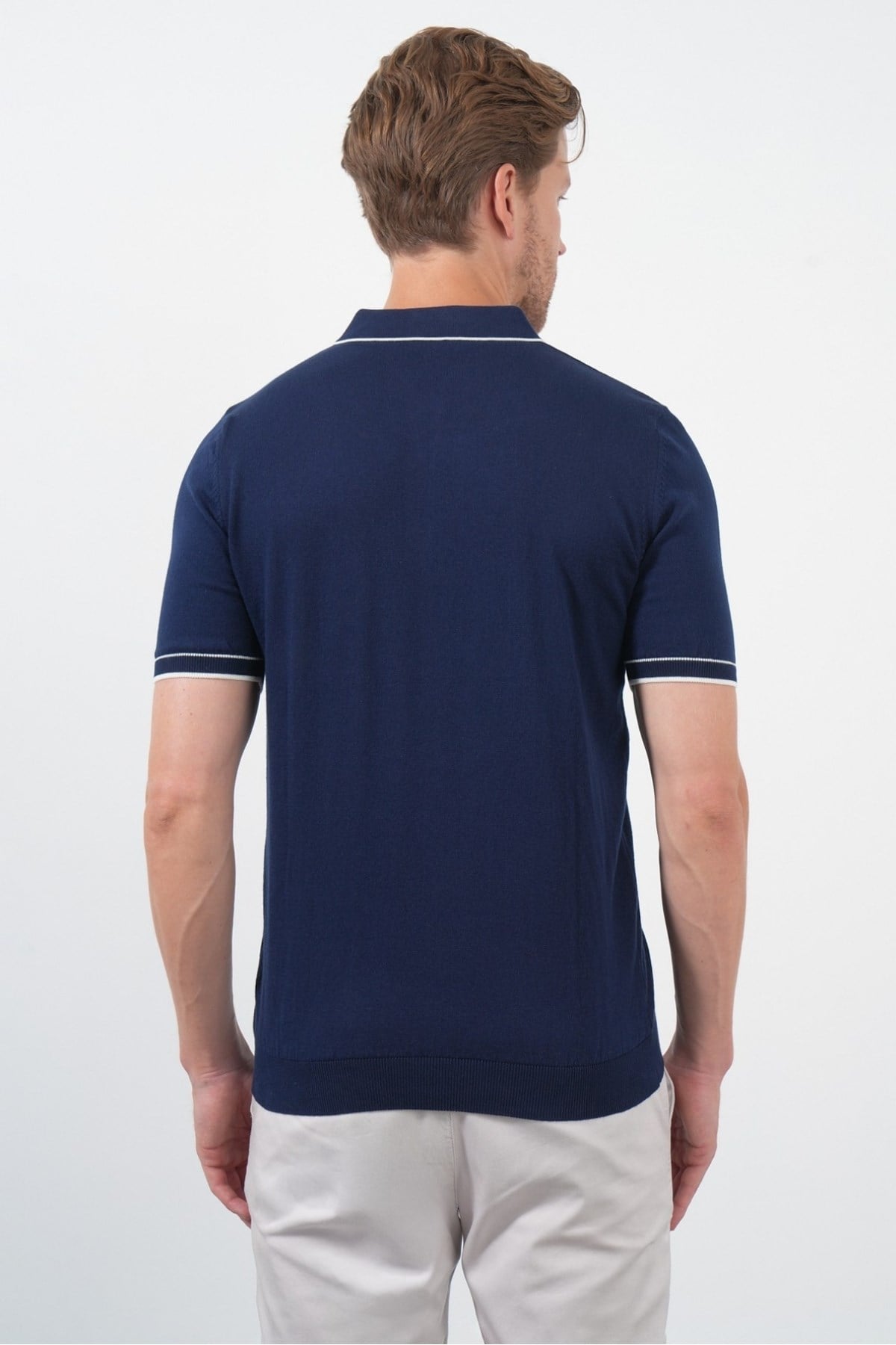 Lacivert Polo Yaka Kısa Kol Örme Comfort Fit %100 Pamuk Kazak 1012260151