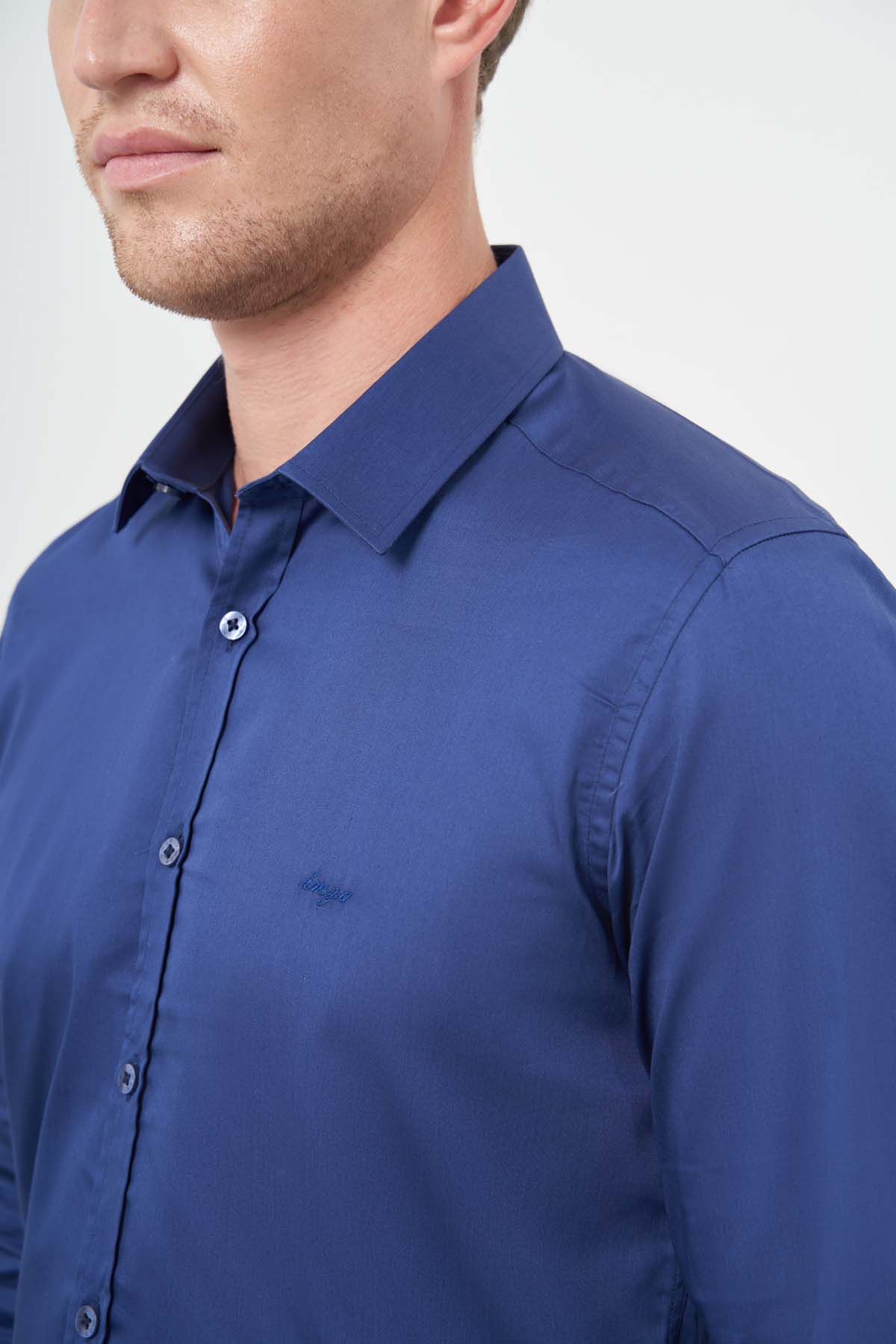 Lacivert Sert Yaka Cepsiz Slim Fit Classic Pamuklu Gömlek 1004255324
