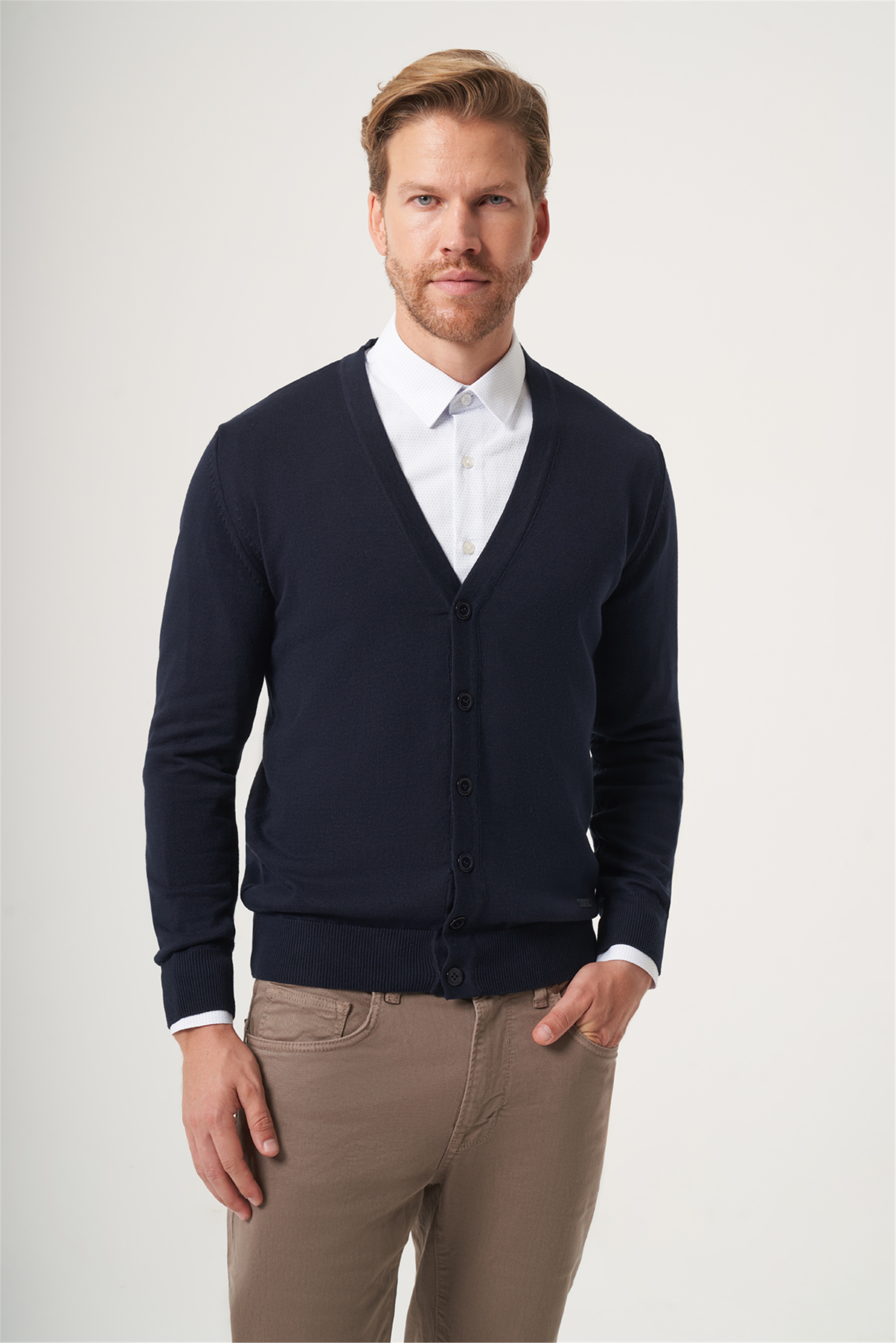 Lacivert V Yaka Uzun Kol Örme Comfort Fit Pamuklu Hırka Triko 1012265016