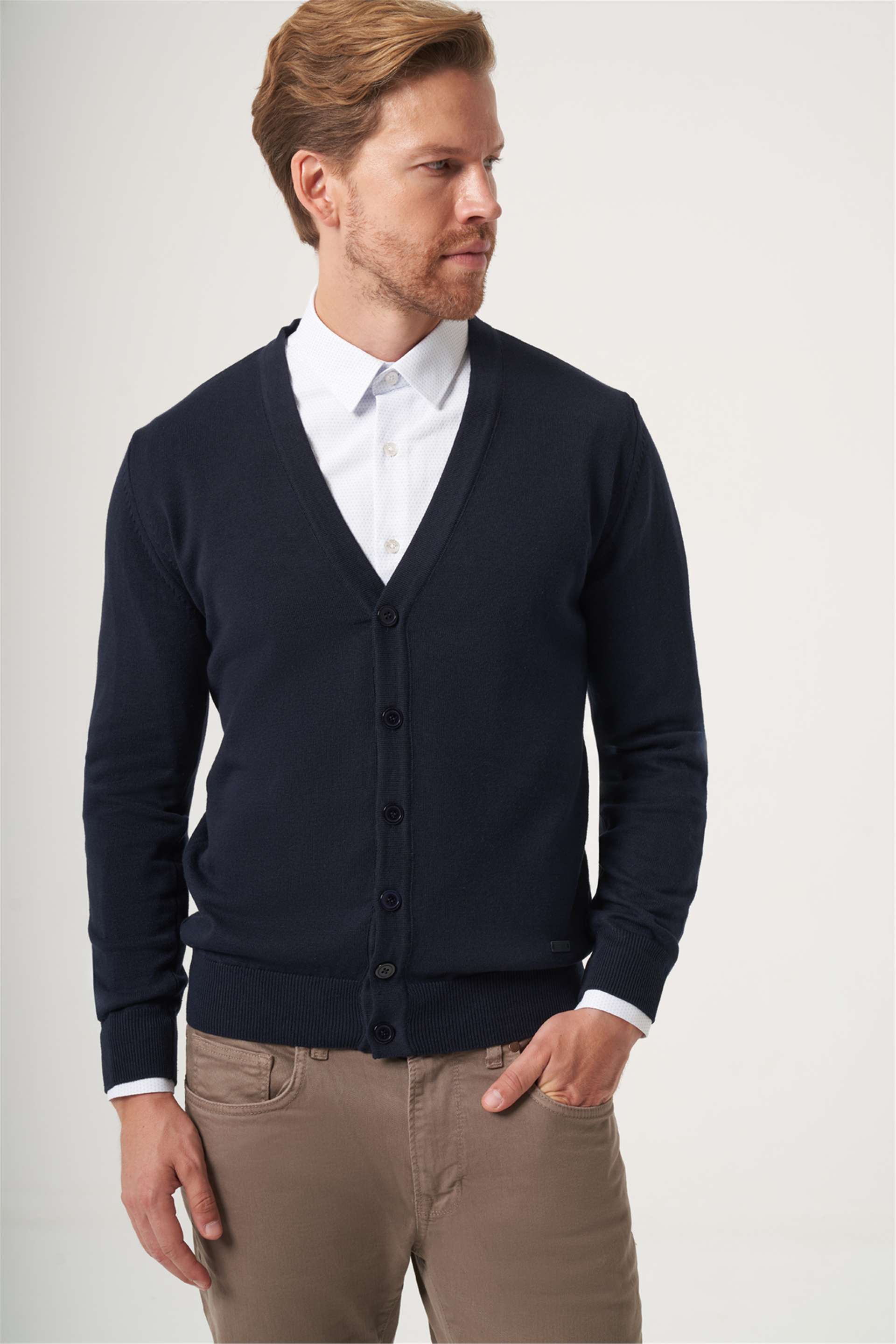 Lacivert V Yaka Uzun Kol Örme Comfort Fit Pamuklu Hırka Triko 1012265016