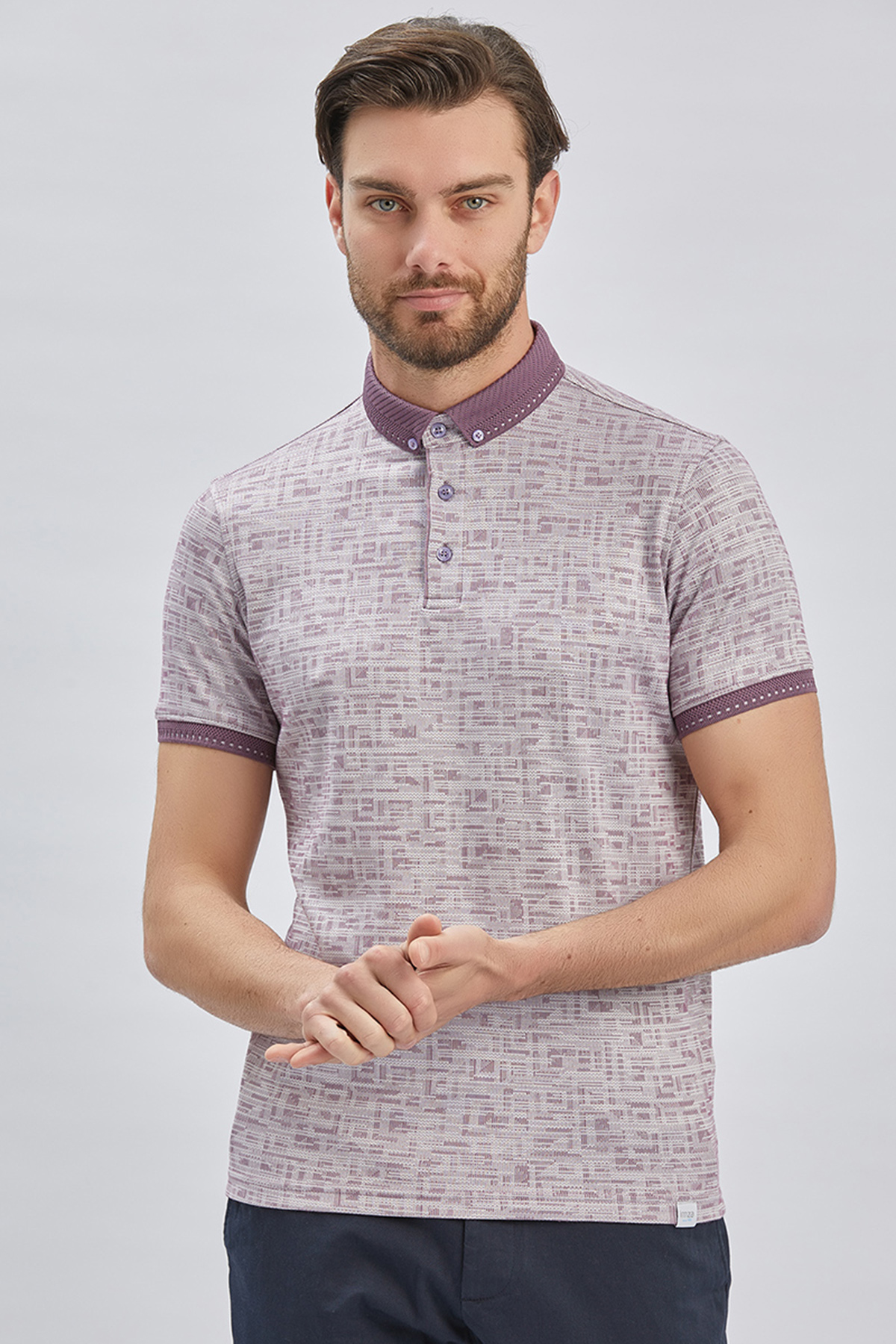 Mor Desenli Merserize Düğmeli Yaka Pamuklu Casual Slim Fit Dar Kesim Tişört 1011240160