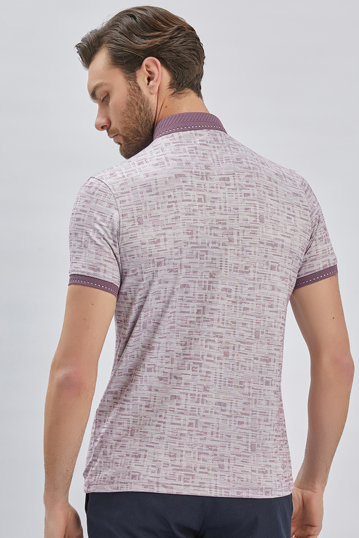 Mor Desenli Merserize Düğmeli Yaka Pamuklu Casual Slim Fit Dar Kesim Tişört 1011240160