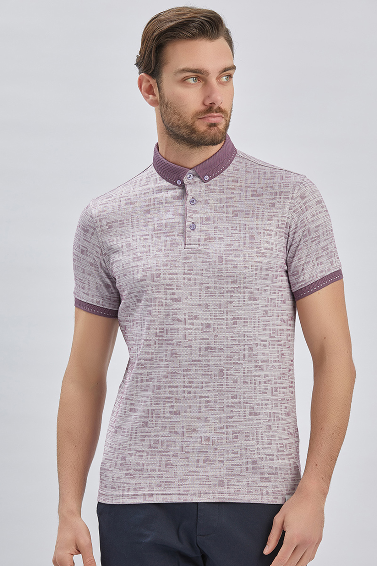 Mor Desenli Merserize Düğmeli Yaka Pamuklu Casual Slim Fit Dar Kesim Tişört 1011240160