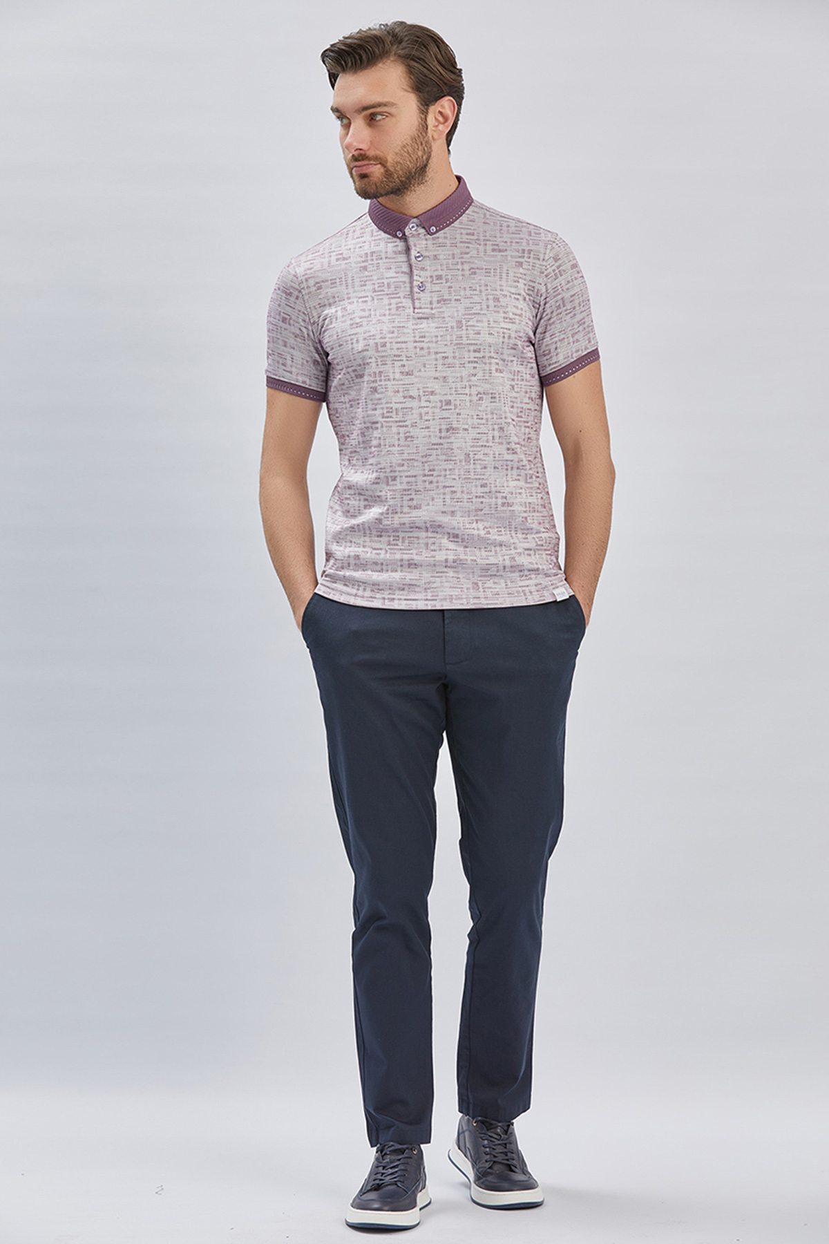 Mor Desenli Merserize Düğmeli Yaka Pamuklu Casual Slim Fit Dar Kesim Tişört 1011240160