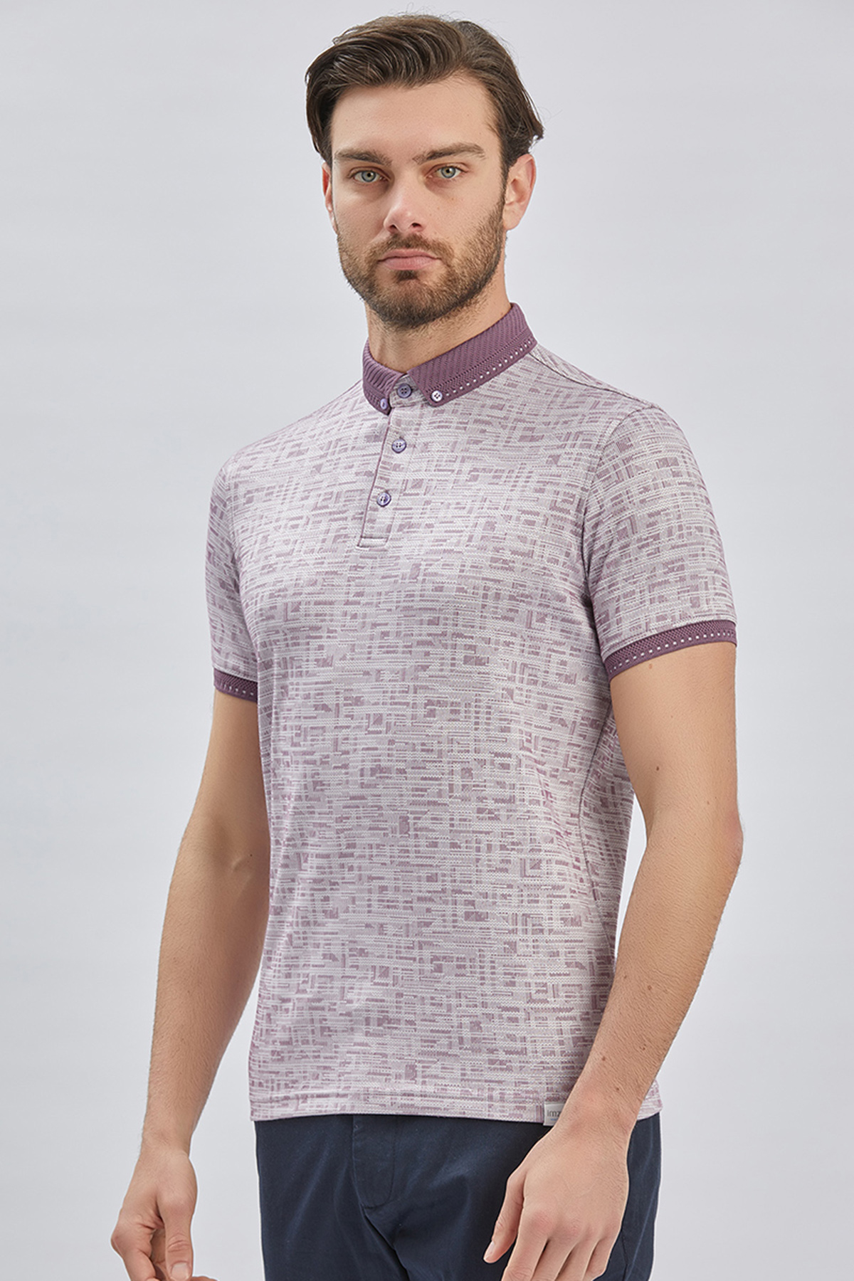 Mor Desenli Merserize Düğmeli Yaka Pamuklu Casual Slim Fit Dar Kesim Tişört 1011240160
