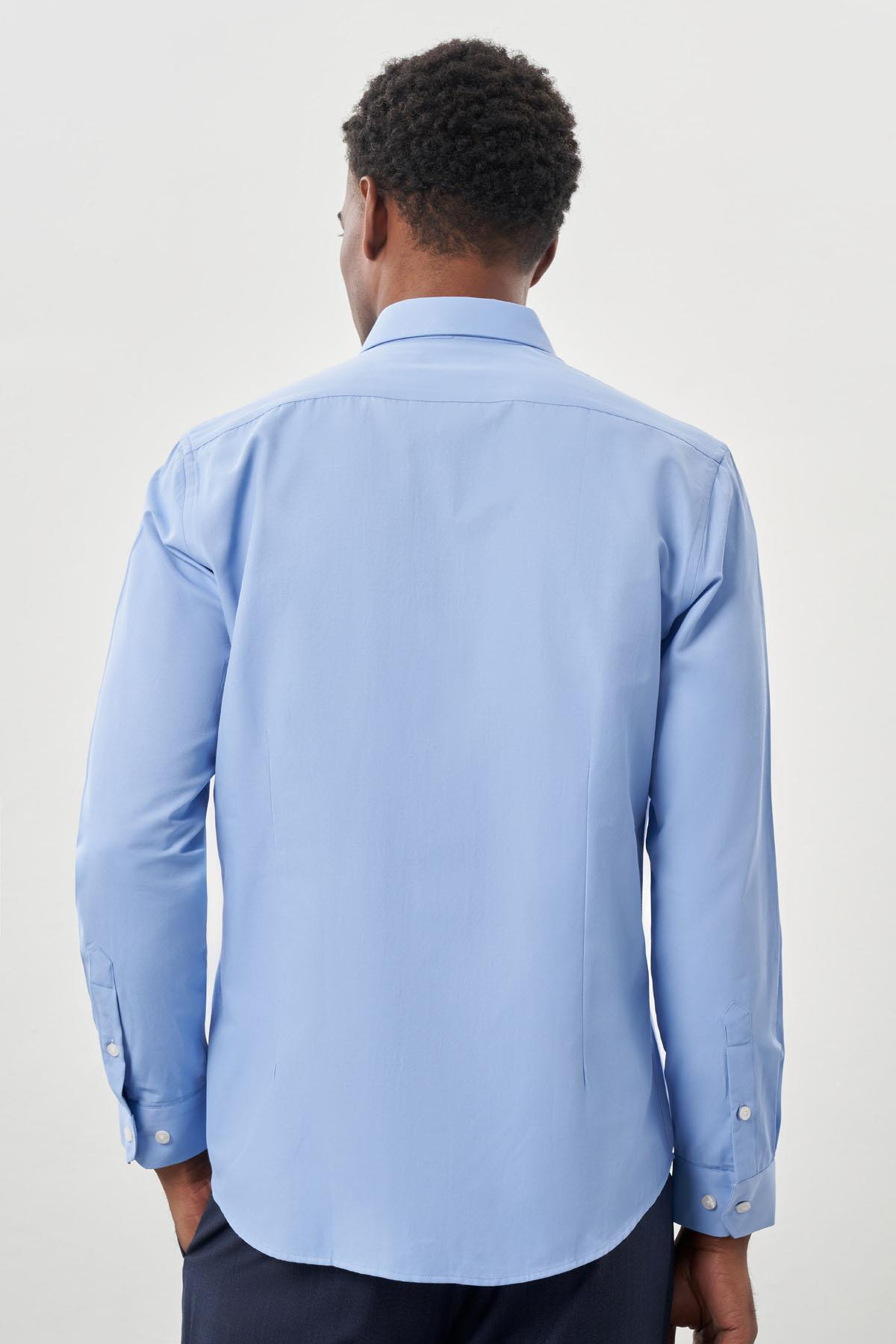Mavi Uzun Kol Düz Yarım İtalyan Yaka Cepsiz Pamuklu Classic Slim Fit Gömlek 1004245268