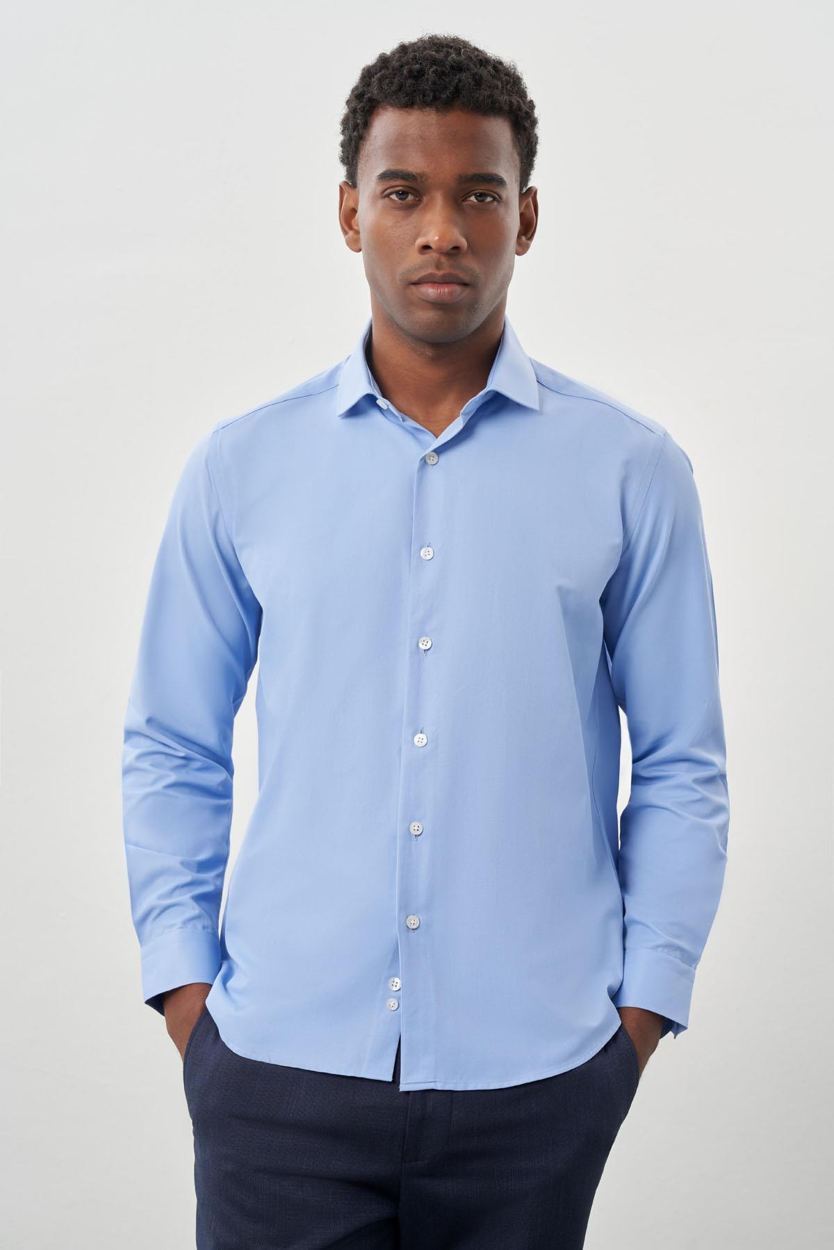Mavi Uzun Kol Düz Yarım İtalyan Yaka Cepsiz Pamuklu Classic Slim Fit Gömlek 1004245268