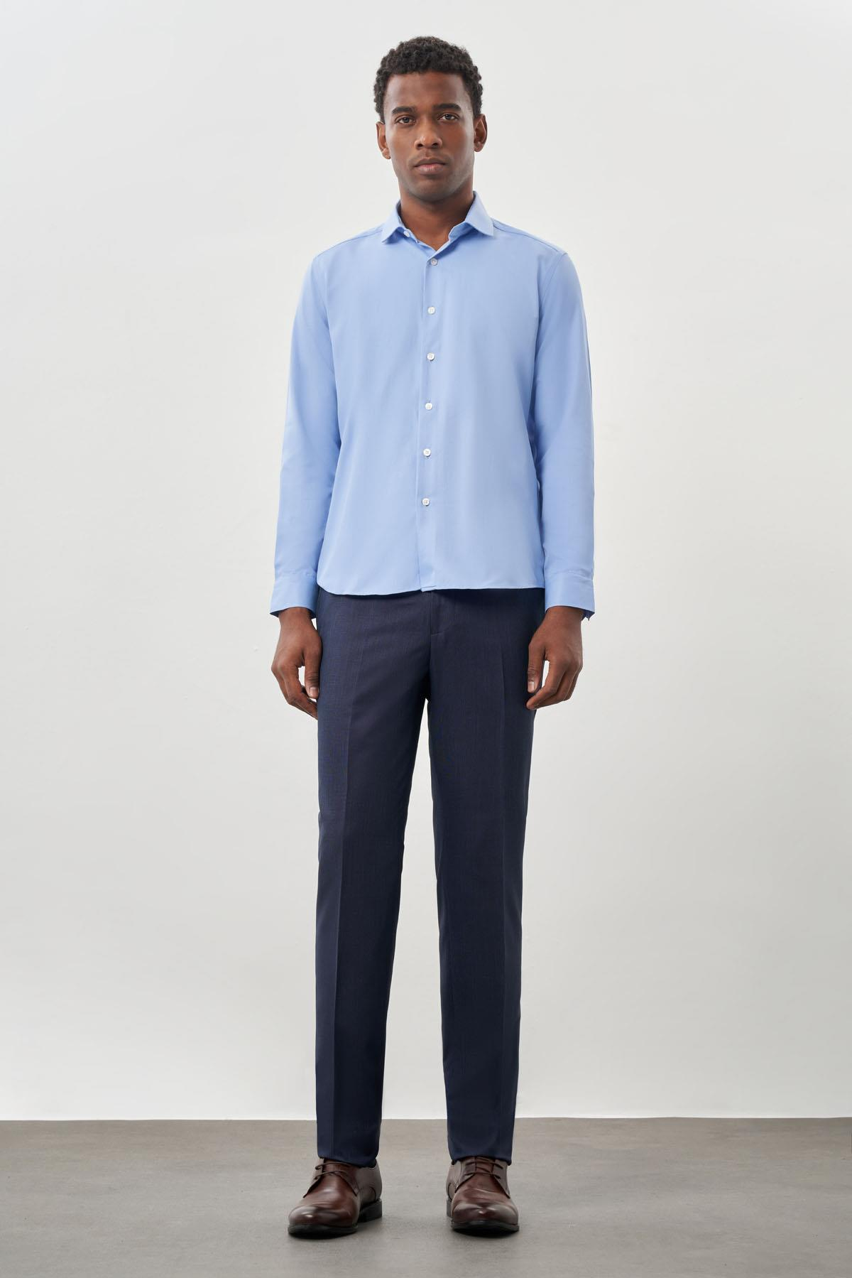 Mavi Uzun Kol Düz Yarım İtalyan Yaka Cepsiz Pamuklu Classic Slim Fit Gömlek 1004245268