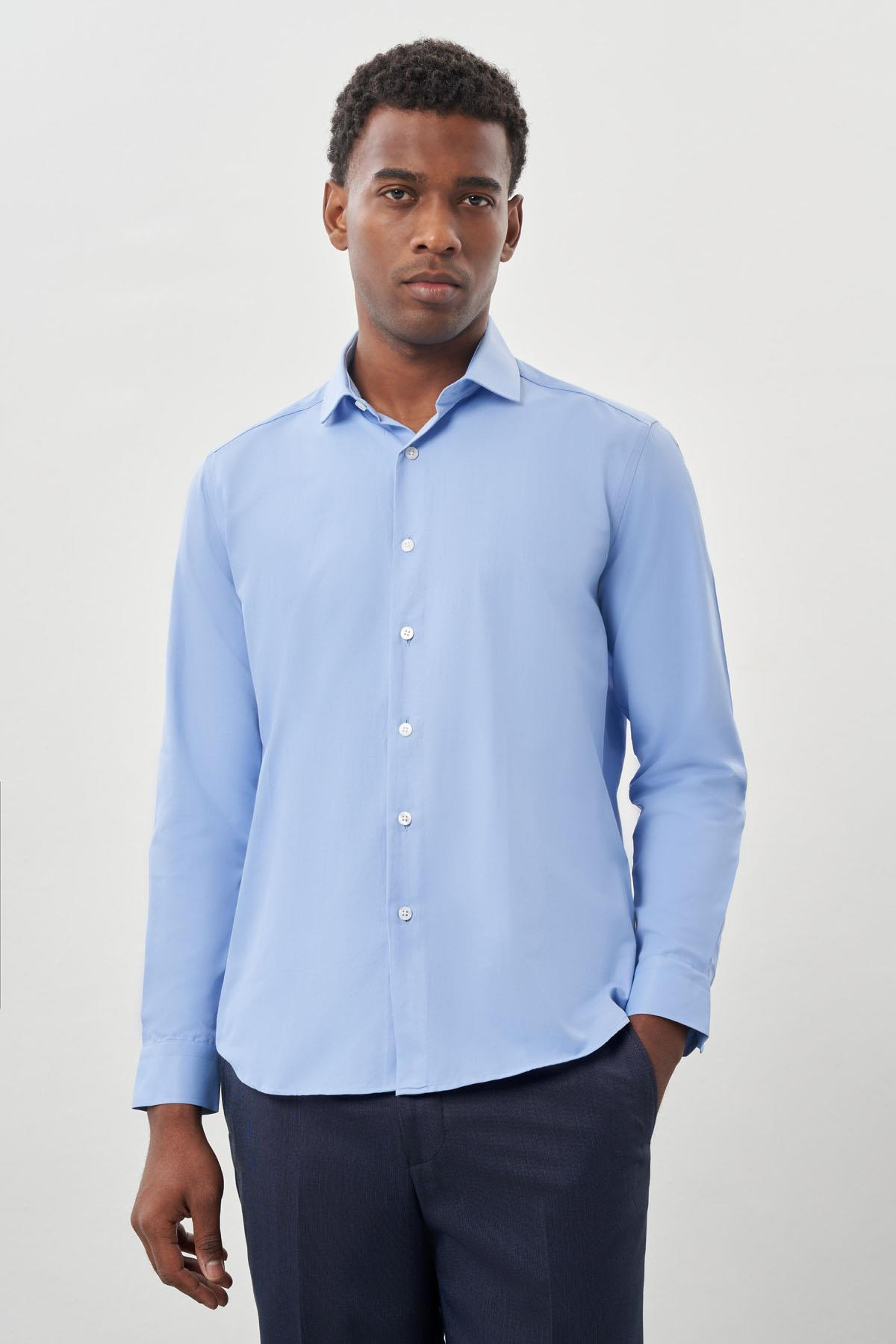 Mavi Uzun Kol Düz Yarım İtalyan Yaka Cepsiz Pamuklu Classic Slim Fit Gömlek 1004245268