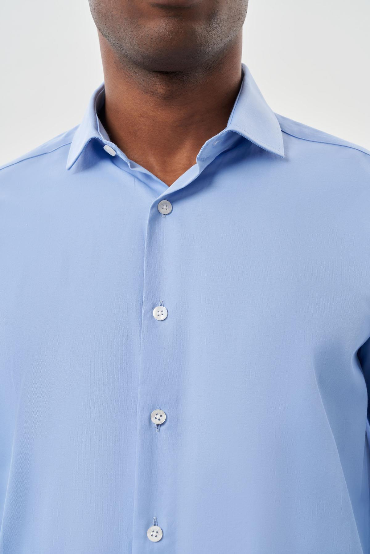 Mavi Uzun Kol Düz Yarım İtalyan Yaka Cepsiz Pamuklu Classic Slim Fit Gömlek 1004245268
