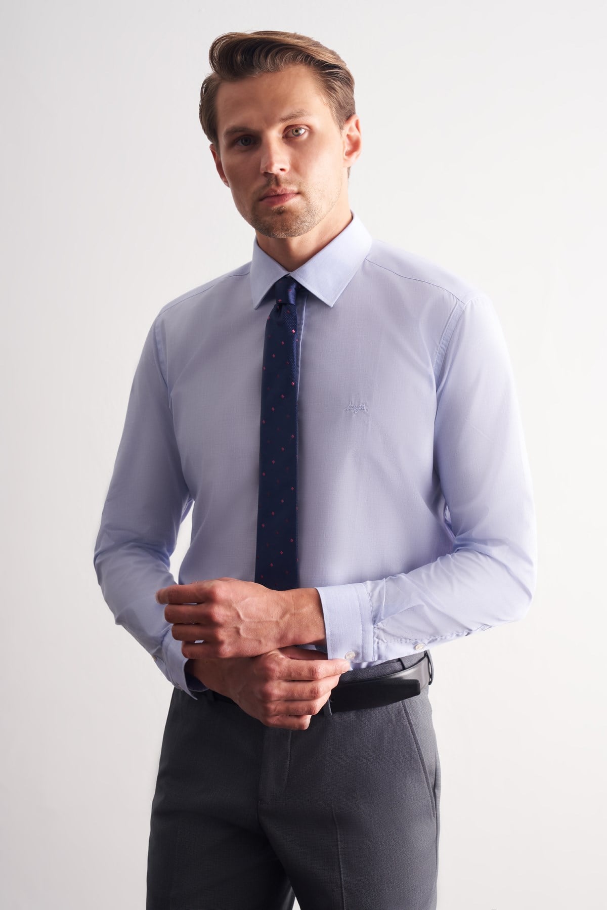 Mavi Uzun Kol Filafil Desen Filafil Sert Yaka Cepsiz Pamuklu Basic Slim Fit Gömlek 1004245008