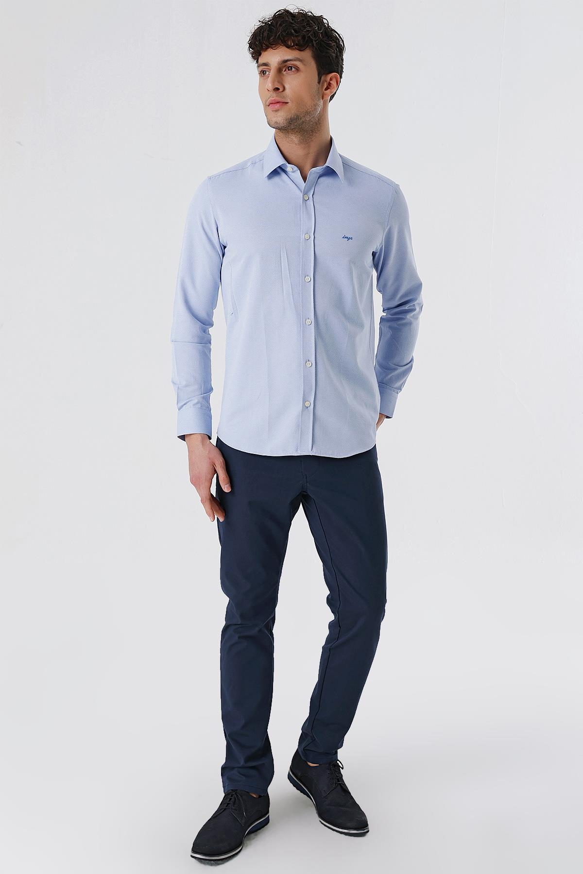 Mavi Uzun Kollu Armürlü Cepsiz Pamuklu Likralı Slim Fit Dar Kesim Gömlek 1004240193