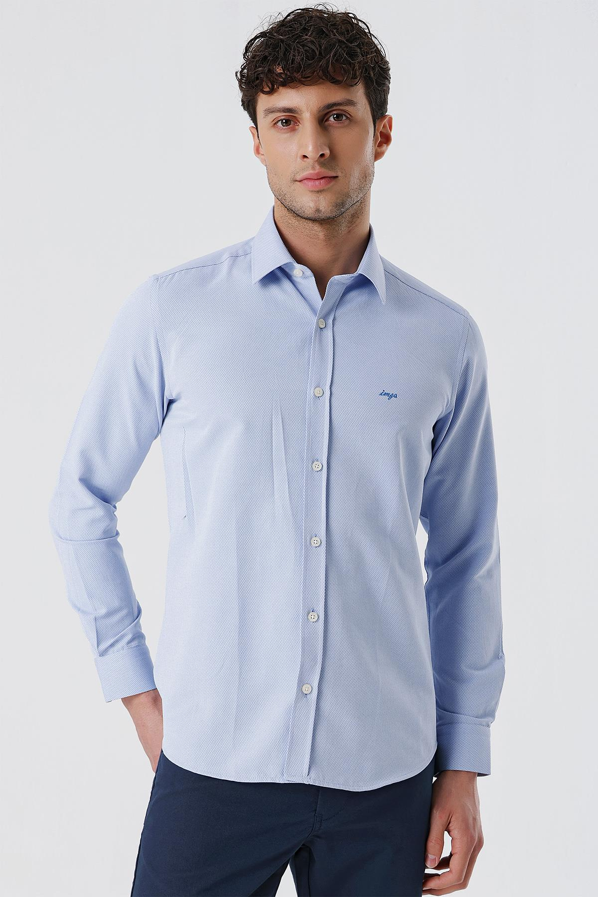 Mavi Uzun Kollu Armürlü Cepsiz Pamuklu Likralı Slim Fit Dar Kesim Gömlek 1004240193