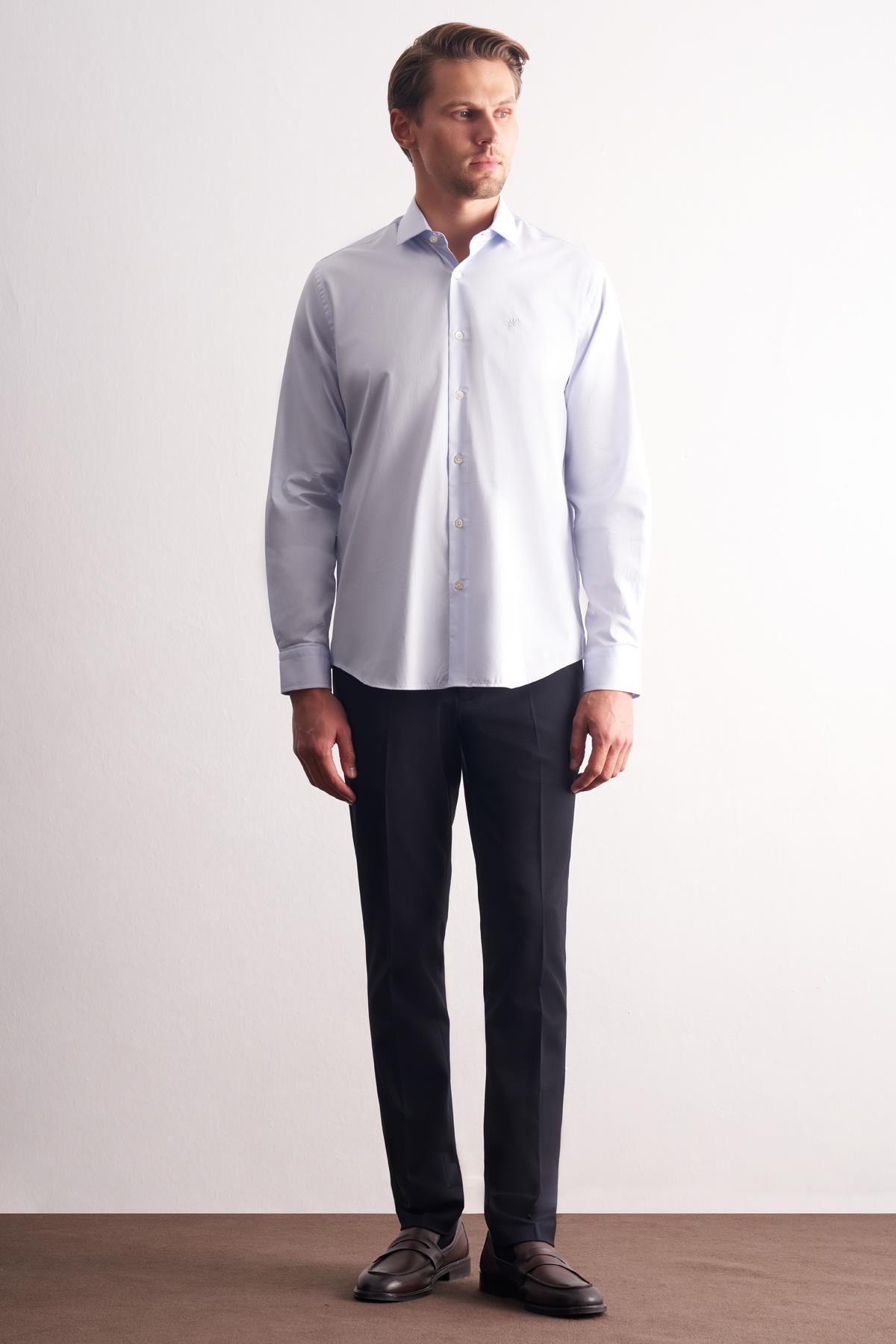 Mavi Yarım İtalyan Yaka Uzun Kol Premium Slim Fit %100 Pamuk Gömlek 1004255197