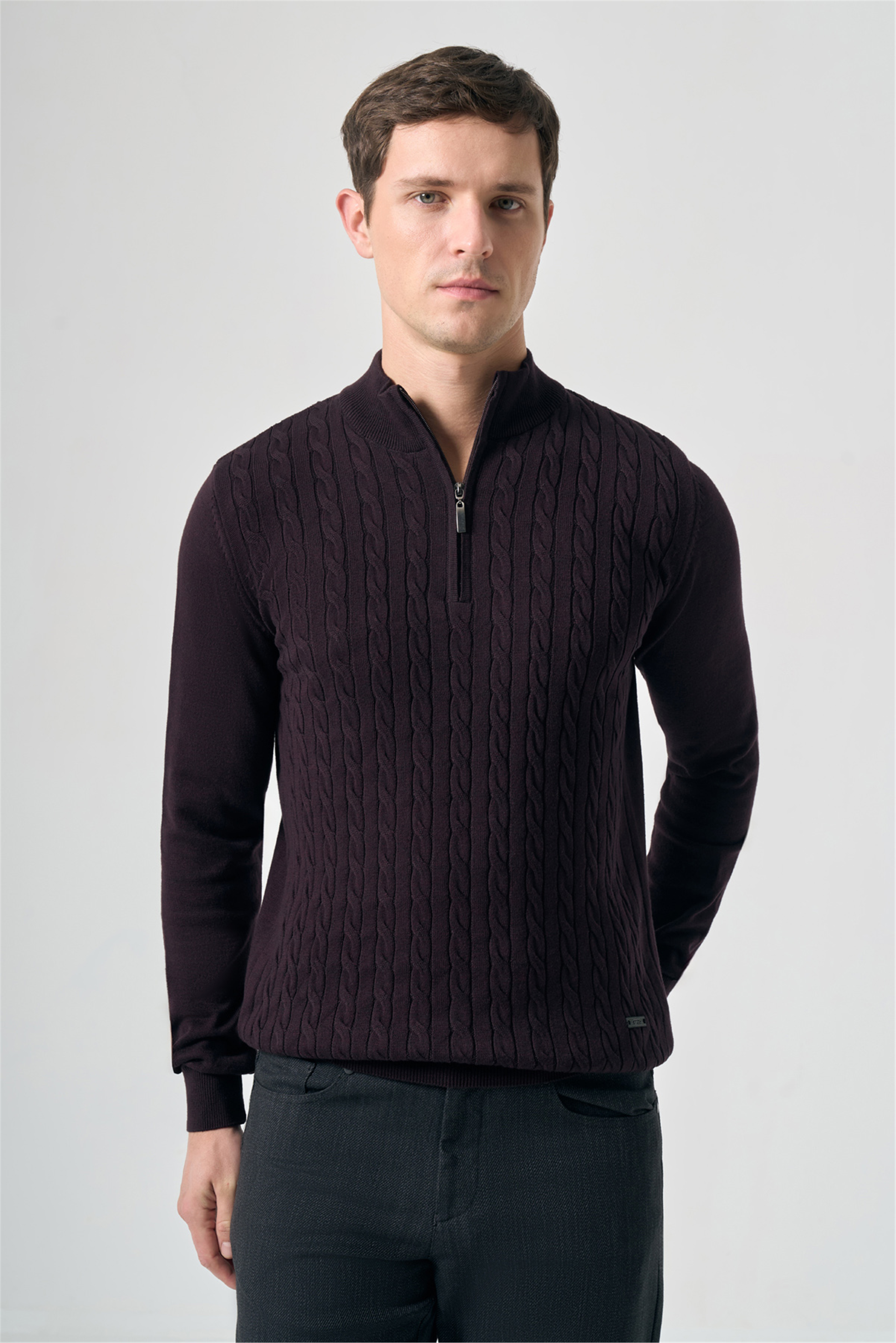 Mor Dik Yaka Uzun Kol Örme Comfort Fit Pamuklu Kazak 1012265309