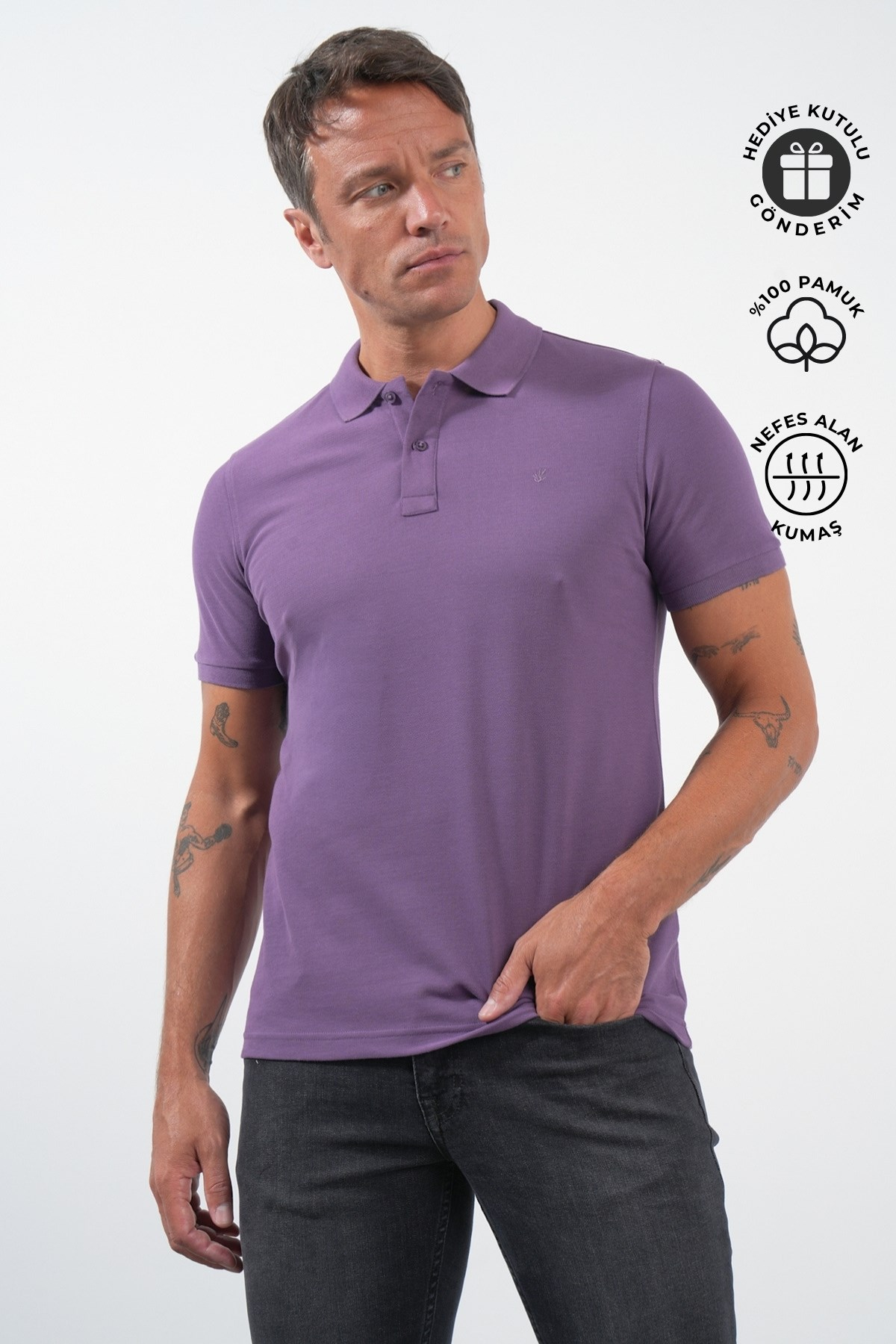 Mor Polo Yaka Pike Kısa Kol Slim Fit Pamuklu Tişört 1011260170