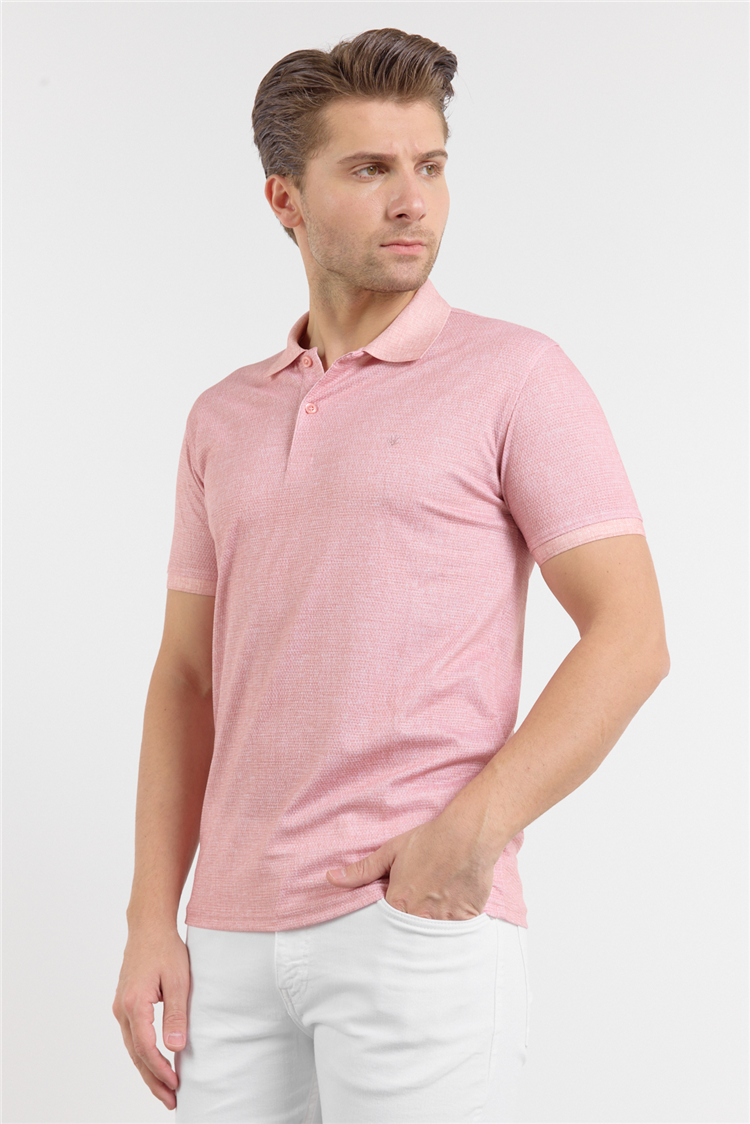Pembe Kısa Kol Baskılı Pike Polo Yaka Cepsiz esnek Casual Slim Fit Tişört 1011250153