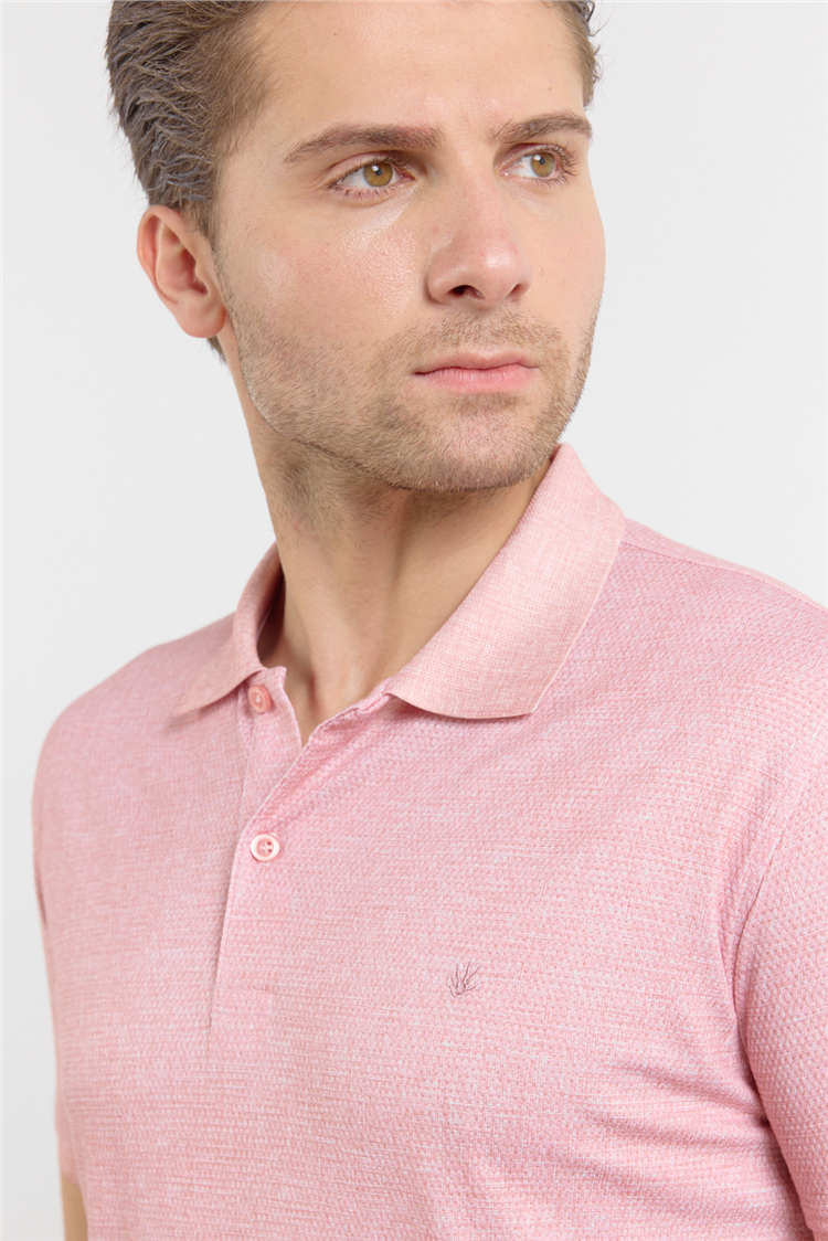 Pembe Kısa Kol Baskılı Pike Polo Yaka Cepsiz esnek Casual Slim Fit Tişört 1011250153